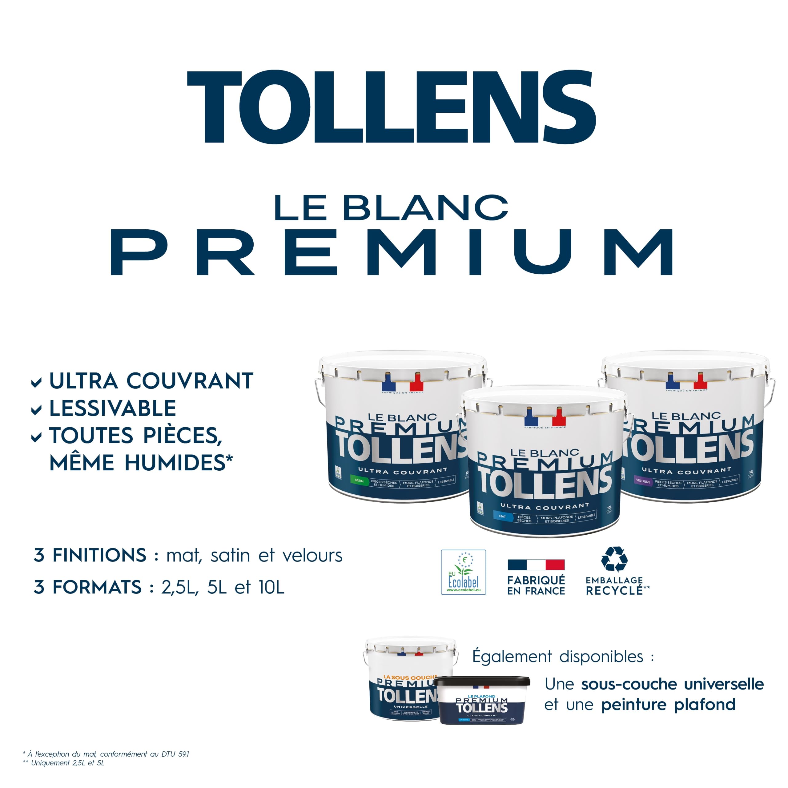Tollens - Peinture Blanche - Murs, Plafonds & Boiseries - Blanc Premium - Pièces Sèches et Humide - Ultra couvrante - Lessivable - Rapide - Ecolabel - Velours - BLANC - 10L = 120m²
