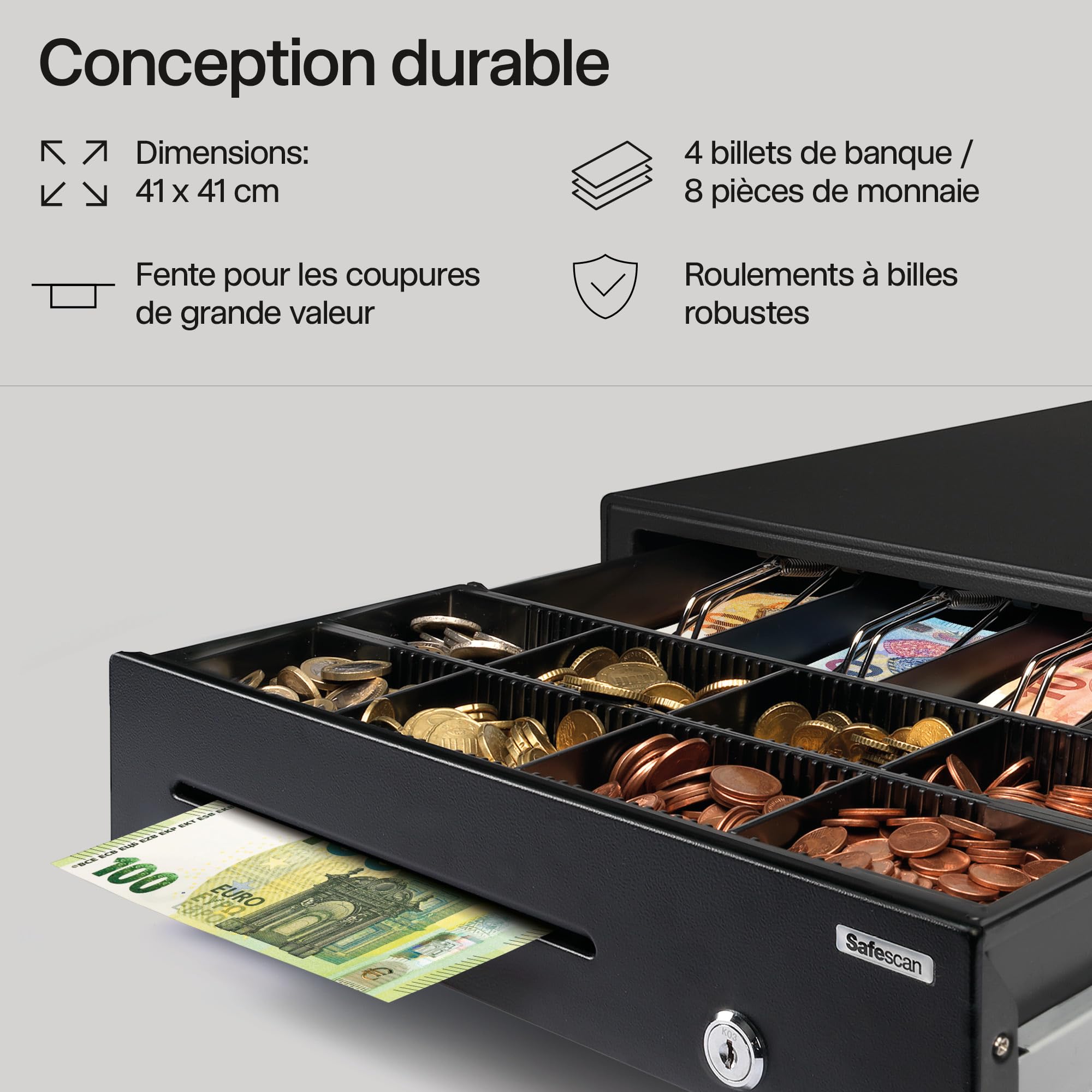 Safescan SD-4141 tiroir-caisse 4 emplacements billets 8 emplacements pièces RJ-12 41 x 41.5 x 11.5 cm