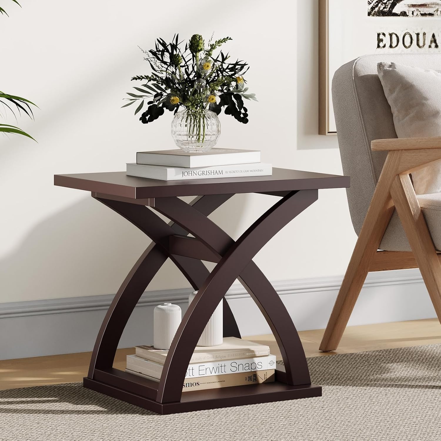 ChooChoo End Side Table, Modern End Table with Storage Shelf, X-Design Side Table Living Room(Espresso) Espresso 1