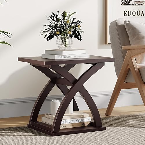 Miniatura 11 de ChooChoo Mesa auxiliar lateral, mesa auxiliar moderna con estante de almacenamiento, mesa lateral de diseño X para sala de estar (blanco)