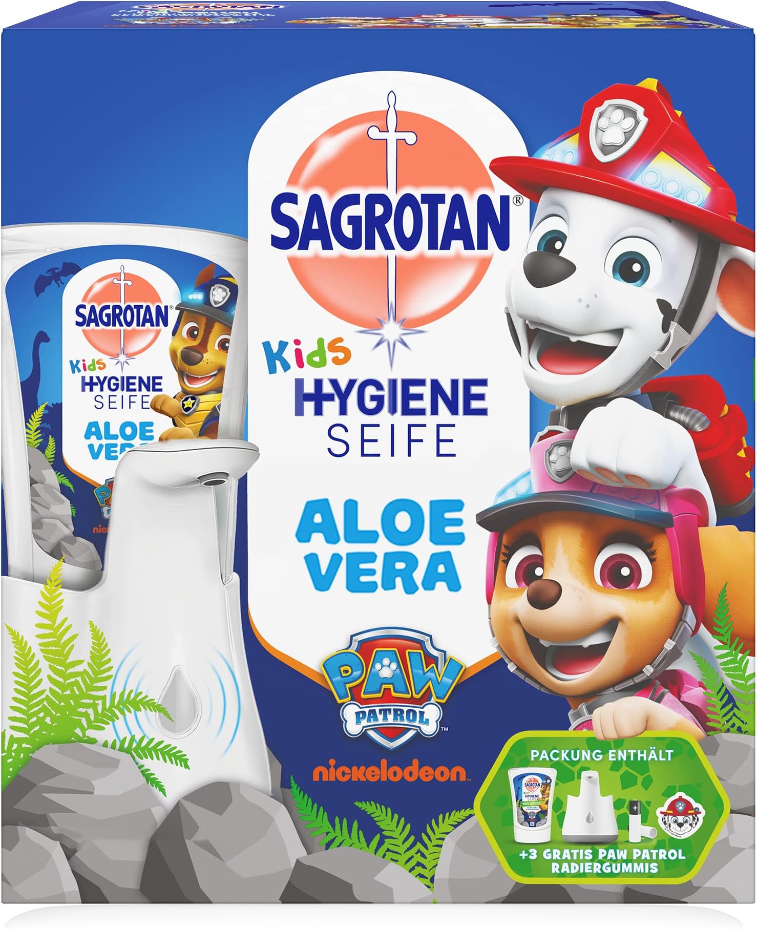 Sagrotan No-Touch Kids’ Automatic Soap Dispenser - Incl. Sagrotan Aloe Vera Explorer Power Refill and Sticker - Taming Dragons Made Easy Edition - 1 x 250ml Liquid Soap