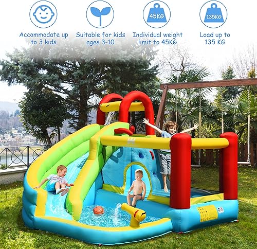 Miniatura 5 de OLAKIDS Tobogán acuático inflable, casa de rebote 6 en 1 con tobogán de pared de escalada para piscina, borde de baloncesto, pistola de agua, parque