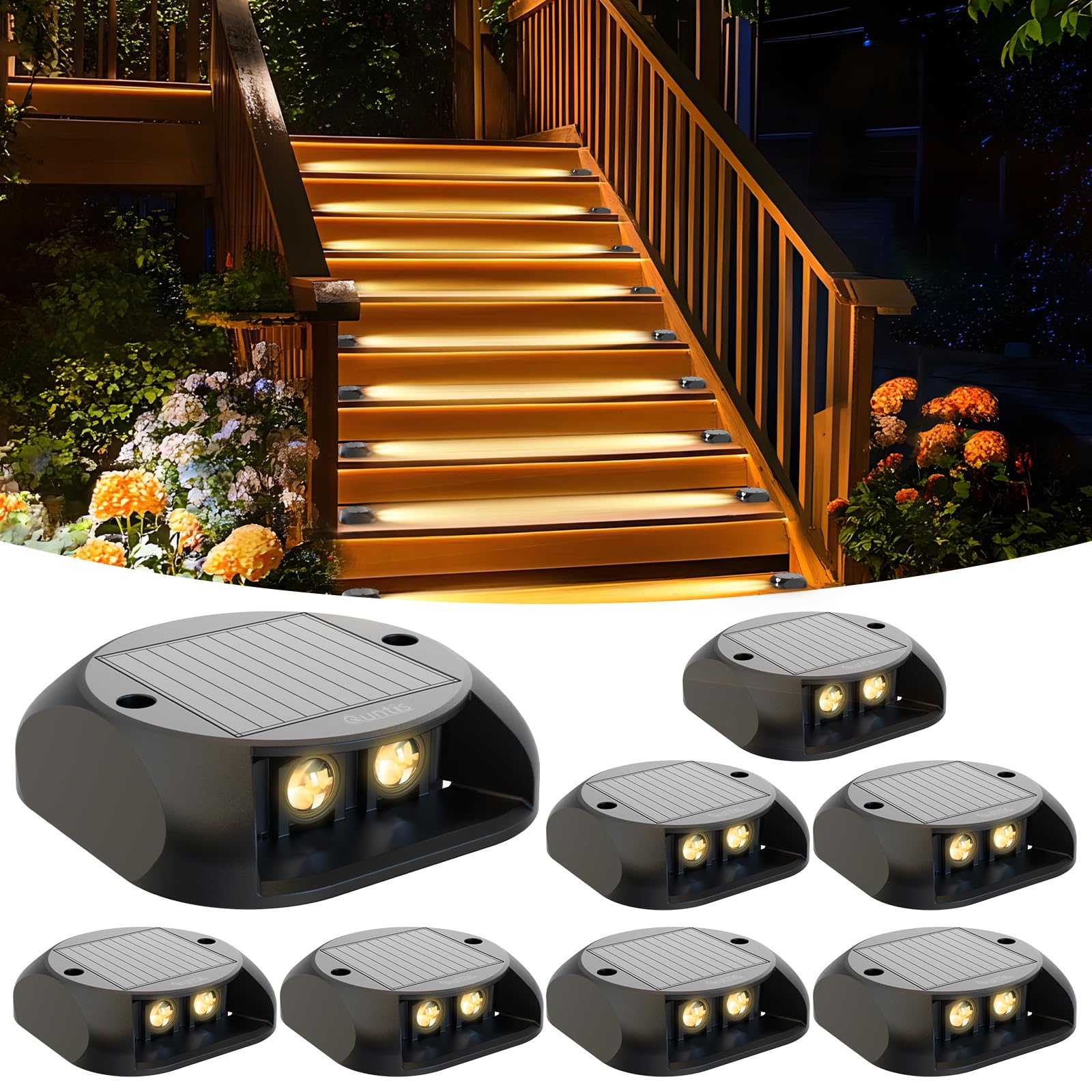 Quntis Solar Treppenbeleuchtung Außen 8 Pack, IP65 wasserdichte Solarlampen Outdoor, LED Solar Deck Lights 3 Tonnen Belastbar, Warmweiße Solarleuchten, Gartenleuchten Wegleuchte Terassendeko