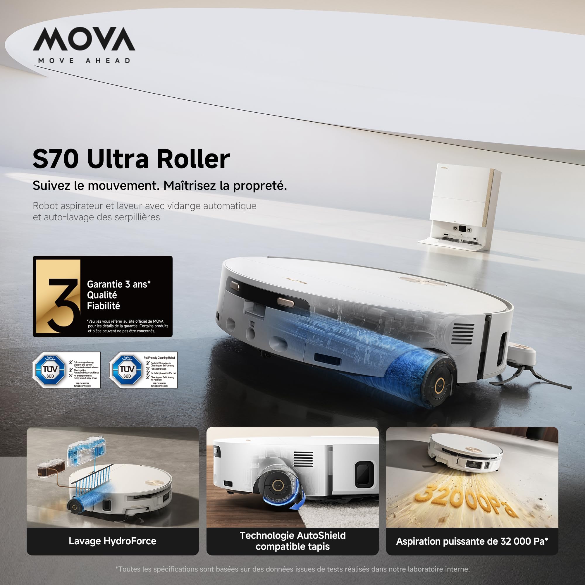 MOVA S70 Ultra Roller Robot aspirateur Laveur 32 000 Pa avec Lavage HydroForce, Navigation CovertSense, Technologie AutoShield, Double Anti-emmêlement, Commande vocale et Station Tout-en-Un