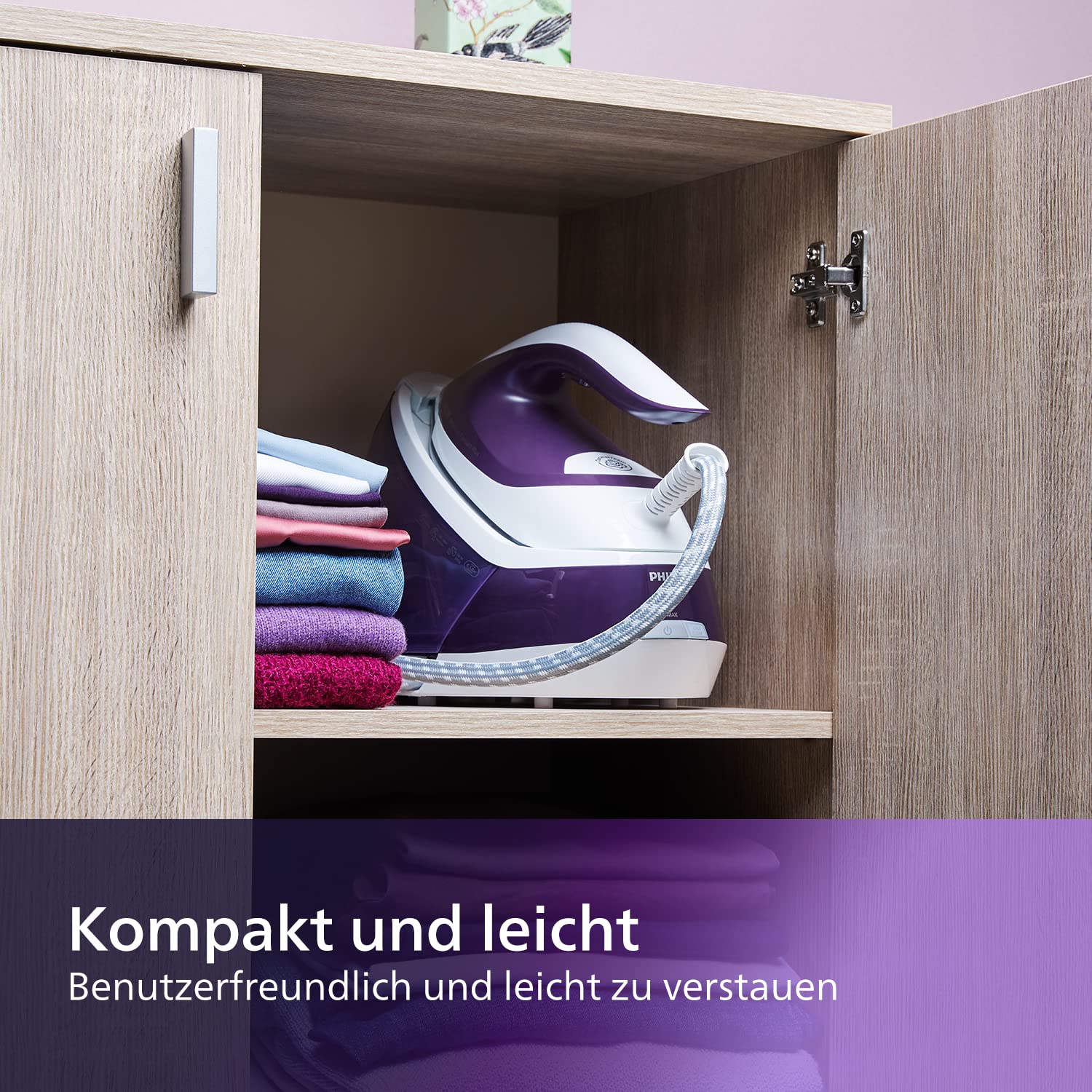 Philips Dampfbügelstation PerfectCare Compact Plus GC7933/30 - 2.400W, konstanter Dampfausstoß von 120 g/Min., 450 g Dampfstoß, Pumpe mit max. 6,5 Bar, Vertikaldampf, lila