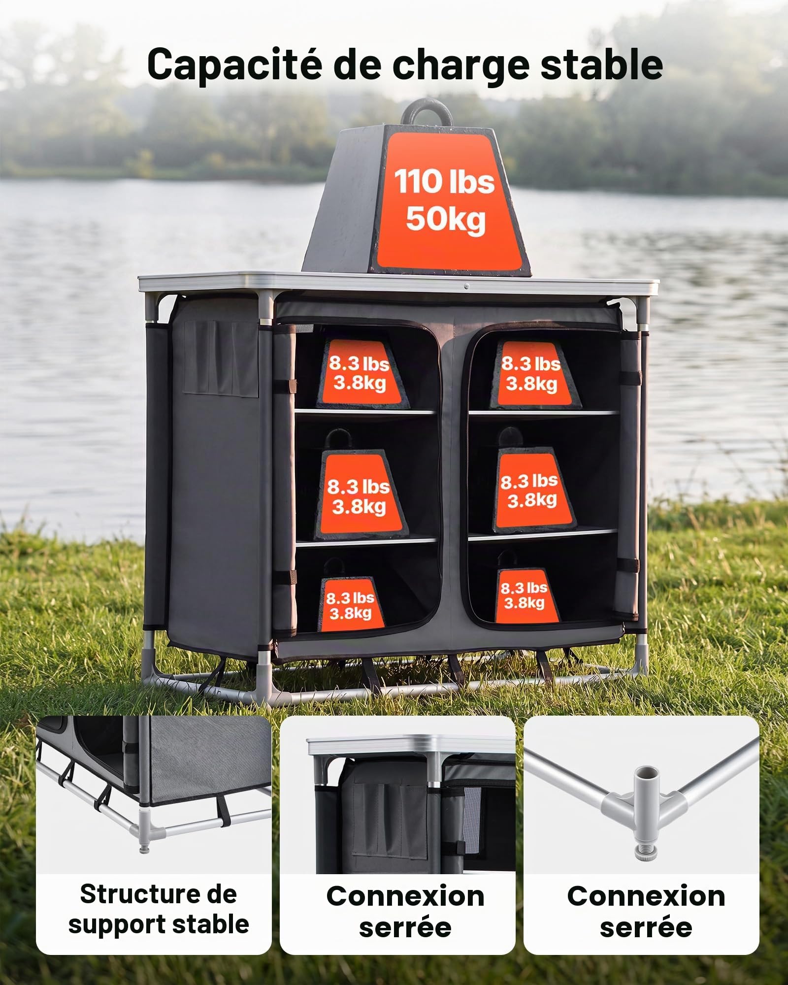 VEVOR Cuisine de Camping Portable Armoire de Camping en Alu 6 Compartiments, Pour Barbecue Voyage, Meuble de Rangement avec Sac de Transport, Table de Pique Nique Plateau Charge 50 kg, Légère Compacte