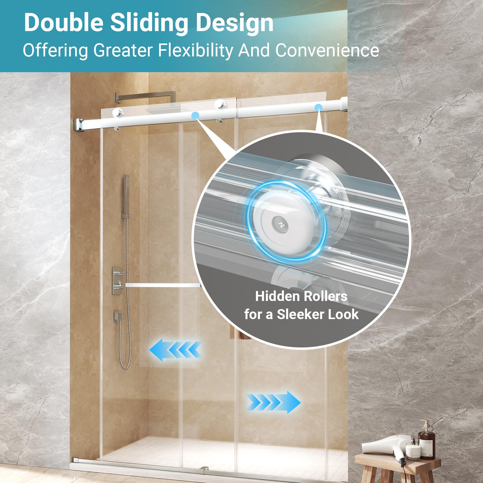 Condition photo showing New/Like New for 44"-48" w x 76" h double sliding shower door, 5/16" (8mm) clear tempered glass frameless shower door with nano easy clean coating, stainless steel hardware, chrome