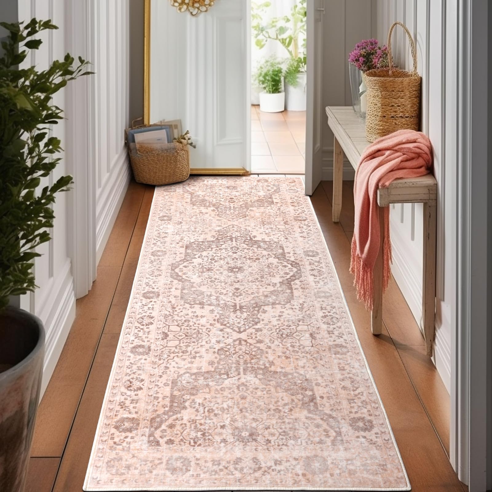 Vintage Alfombras de Pasillo Larga 60x180cm, Pelo Corto Oriental Alfombra Corredor Antideslizante, Lavable Alfombras De Habitacion para Entrada, Lavandería, Balcón, Recibidor