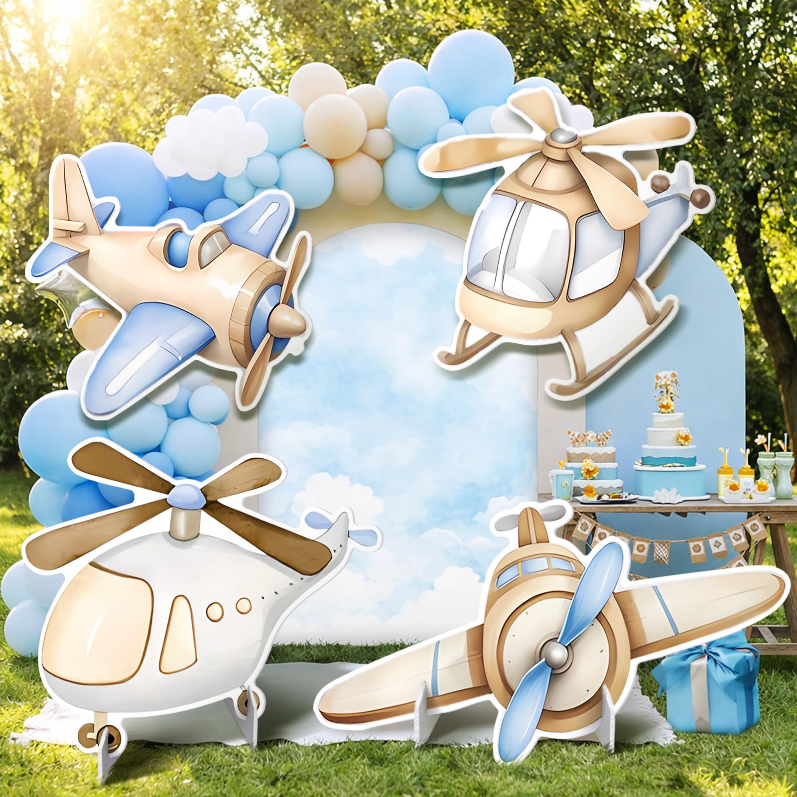 4 Pcs Large Airplane Baby Shower Decoration, Airplane Helicopter Cardboard Cutout, Birthday Party Deocration for Boys, Propeller Aircraft Stand-up Decoration for Party Supplies Photo Props