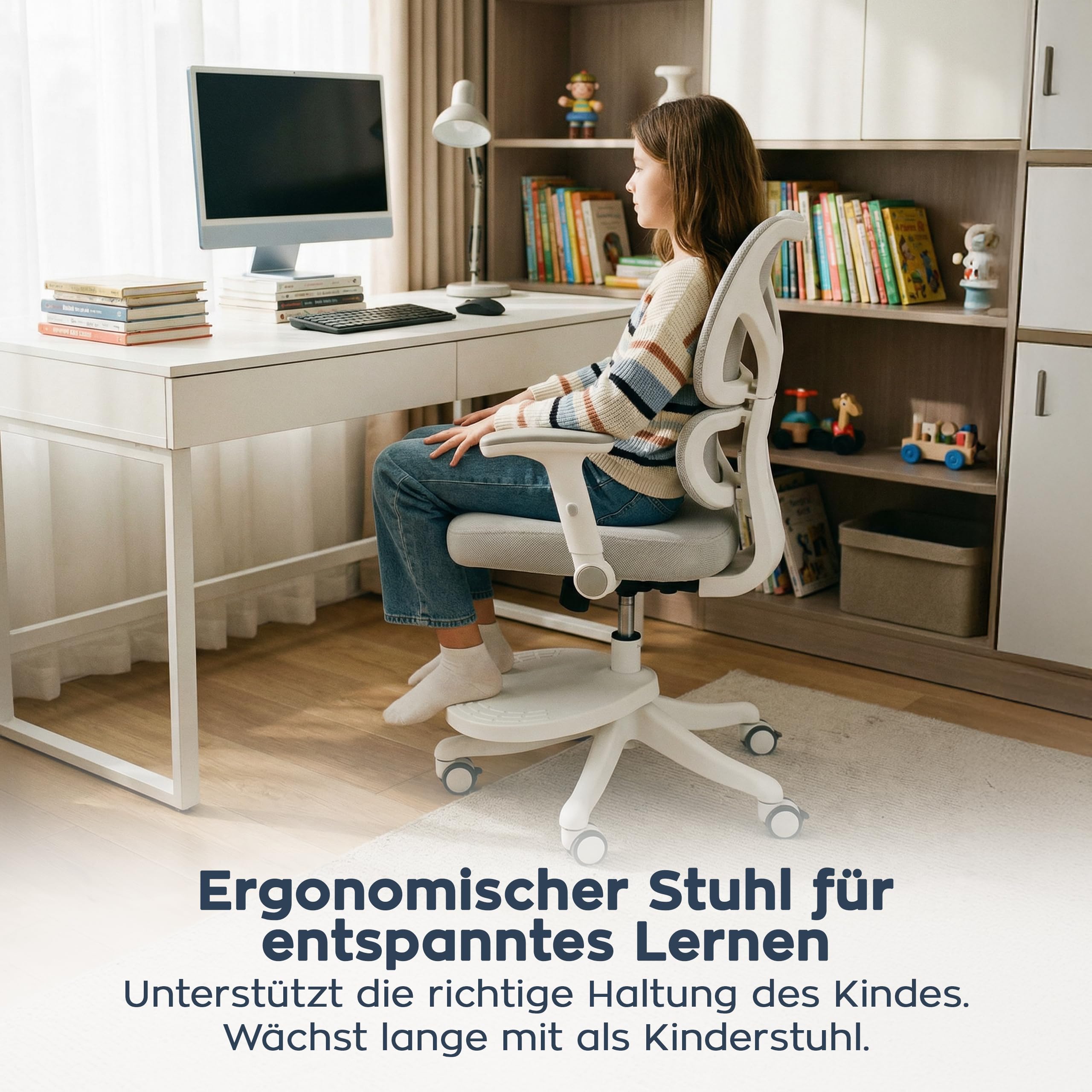 MARK ADLER Junior 5.3 Ergonomischer Kinderstuhl für Kinder und Jugendliche | bis 175 cm - Höhenverstellbar - Mit fußstütze - Verstellbare Rückenlehne - Rollen mit Feststellmechanismus – Grau