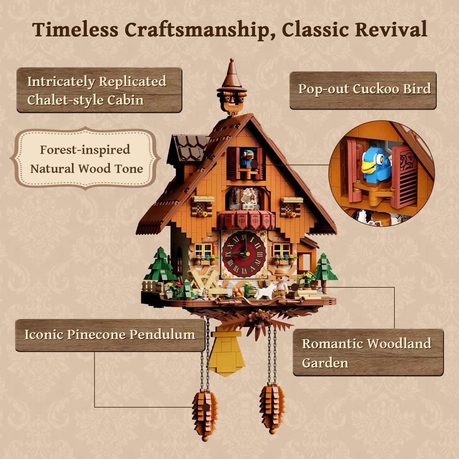 PANTASY Juego de bloques de sujeción para adultos, modelo de bloque de construcción inspirado en reloj de cuco, kit de construcción creativo con diseño retro detallado, juego de construcción de