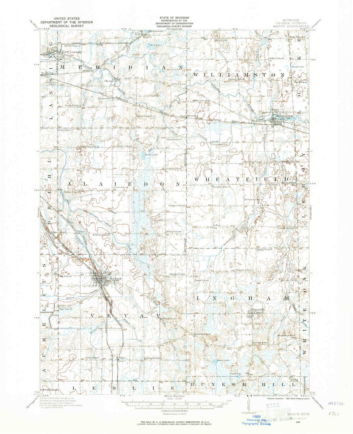 YellowMaps Mason MI topo map, 1:62500 Scale, 15 X 15 Minute, Historical, 1909, Updated 1965, 20.8 x 17 in - Tyvek