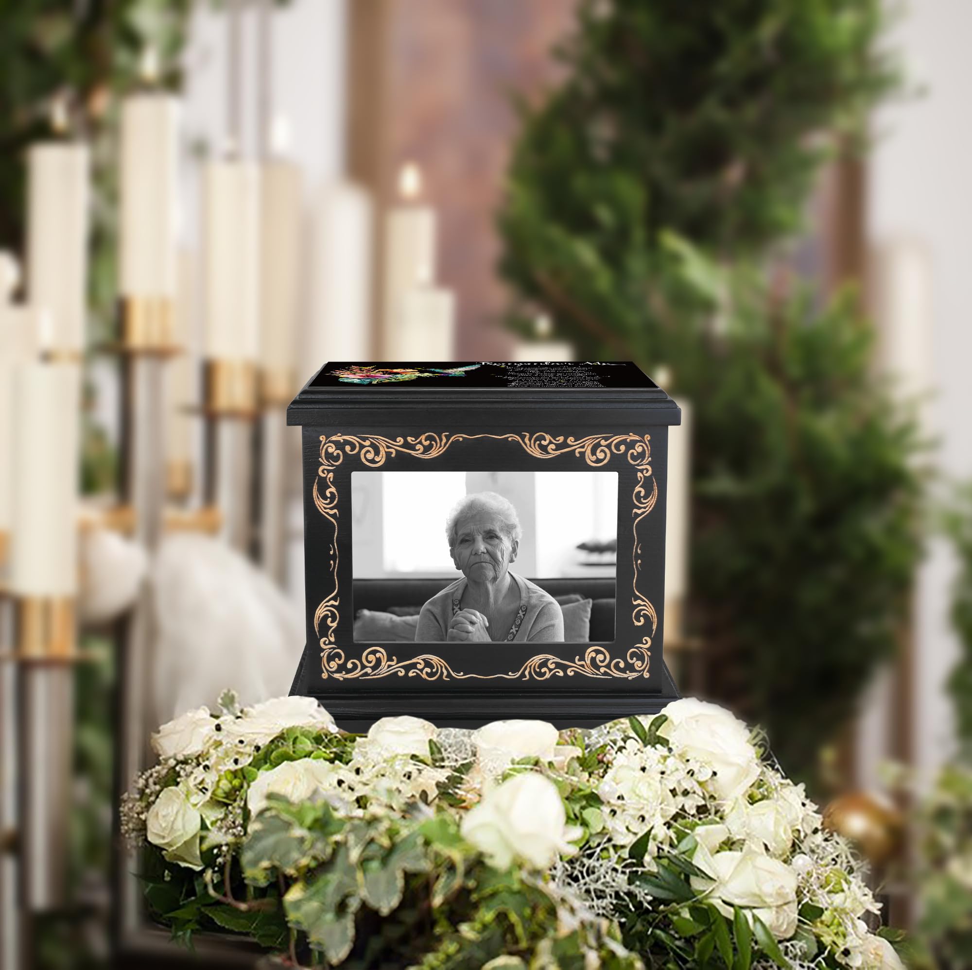 Cremation Urns for Human Ashes Adult Male or Female, Funeral Memorial Urns for Ashes with Photo Frame, Wooden Urns Box and Casket for Men Women, Burial Urn for Adults Up to 200 IBS