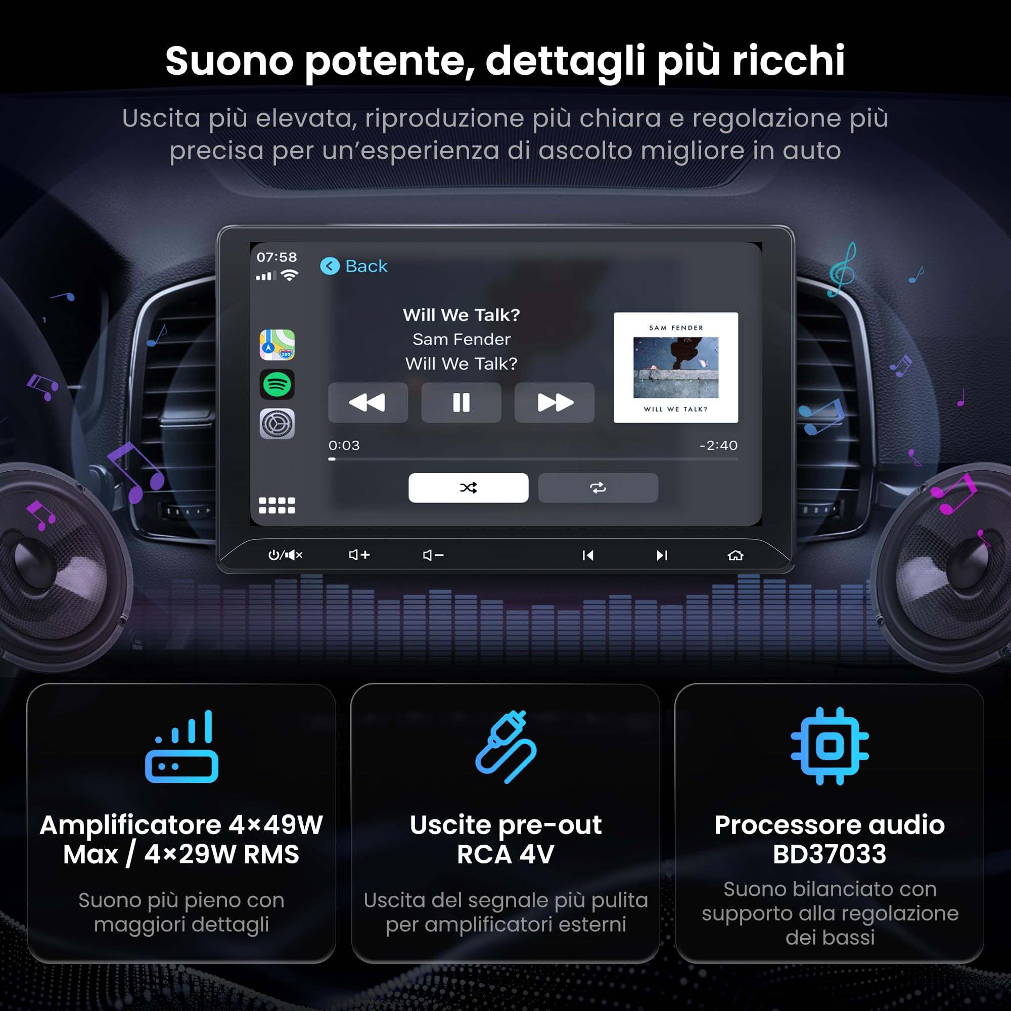 ATOTO F7 WE 10.1 Pollici Autoradio 2 DIN, CarPlay e Android Auto Senza fili | Schermo QLED Touchscreen, Doppio Mic, 4x29W RMS, 4V RCA, EQ 12 Bande, SWC, Split-Screen, Controllo al Volante, AUX/FM/AM