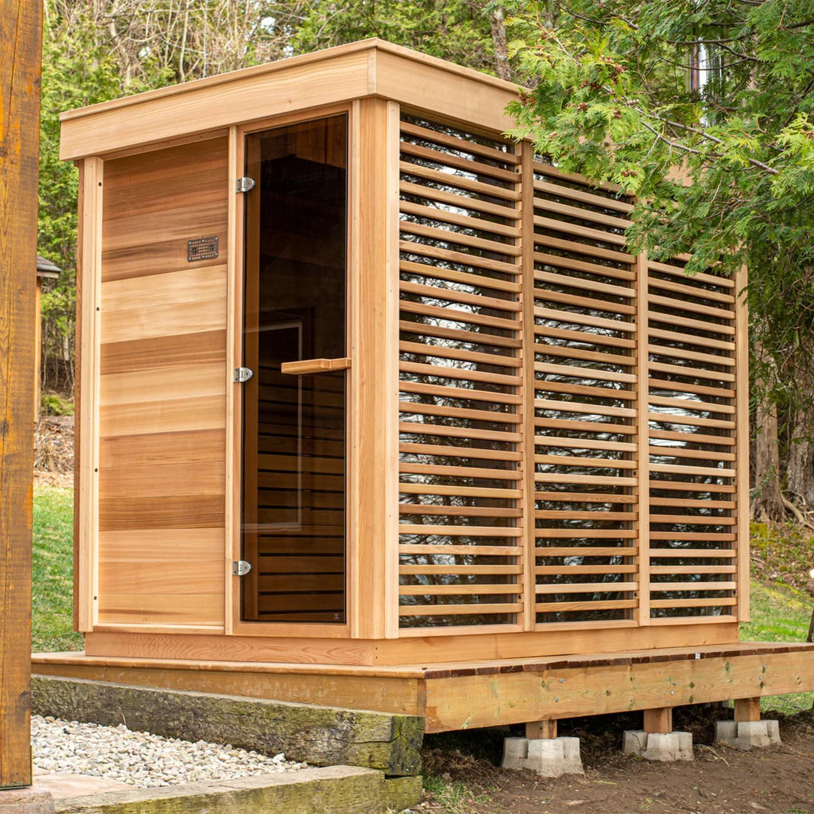 Smartmak Outdoor Steam Sauna, 8 Person Canadian Hemlock Wood Sauna Room, Traditional Saunas with Wood Burning Stove, Grille, Backrest Headrest, Rocks, Light Included, 195℉