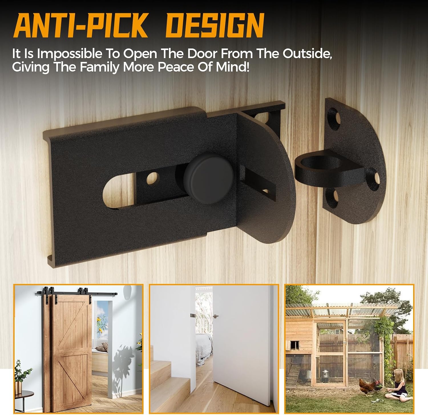 Sliding Door Lock, 90 Degree Door Hasp Latch Lock, Stainless Steel Security Right Angle Padlock with Screws for Push/Sliding/Barn Doors (1PC, Black, Large)