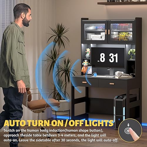 Miniatura 7 de LVSOMT Escritorio de oficina en casa con gabinete, moderno escritorio para juegos para computadora con luces LED y tomas de corriente, mesa de