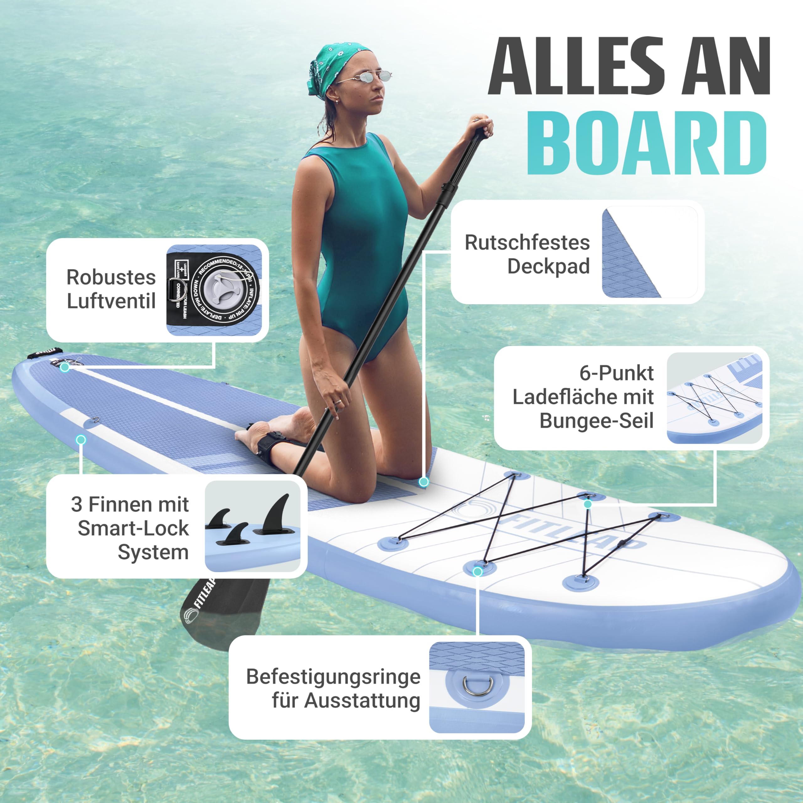 Fitleap Premium Stand Up Paddle Board aufblasbar - SUP Board Set mit Hochdruckpumpe, verstellbarem Paddel und Rucksack - Ideal für Anfänger und Profis - Perfekt für Yoga, Surfen und Wassersport