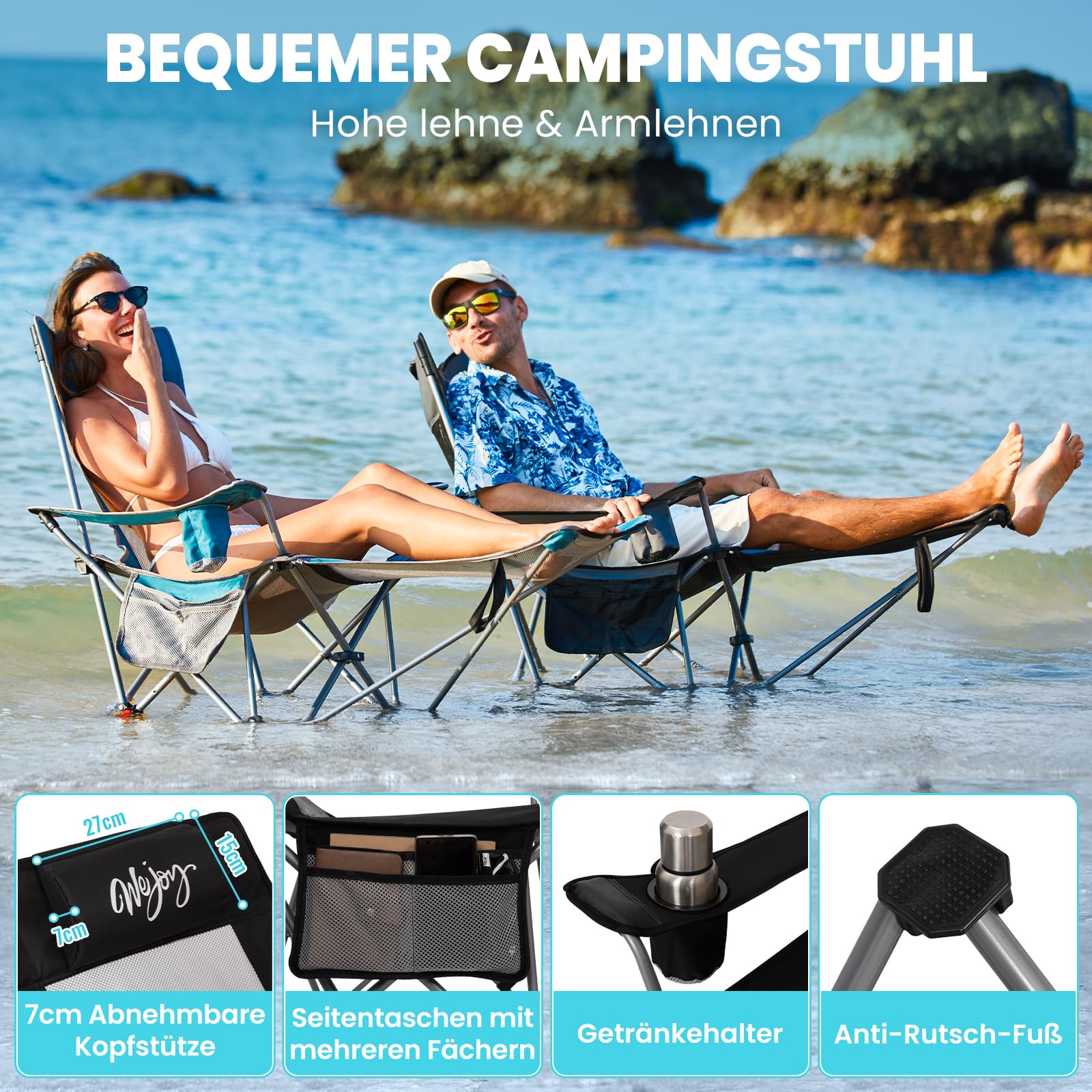 #WEJOY 2-in-1 Campingstuhl Faltbar 180kg mit Fußstütze,Strandstuhl mit 4-Fach Verstellbarer Rückenlehne, Liegestuhl Relaxsessel Liege mit Getränkehalter,Campingstuhl für Camping Outdoor Schwarz/Grau