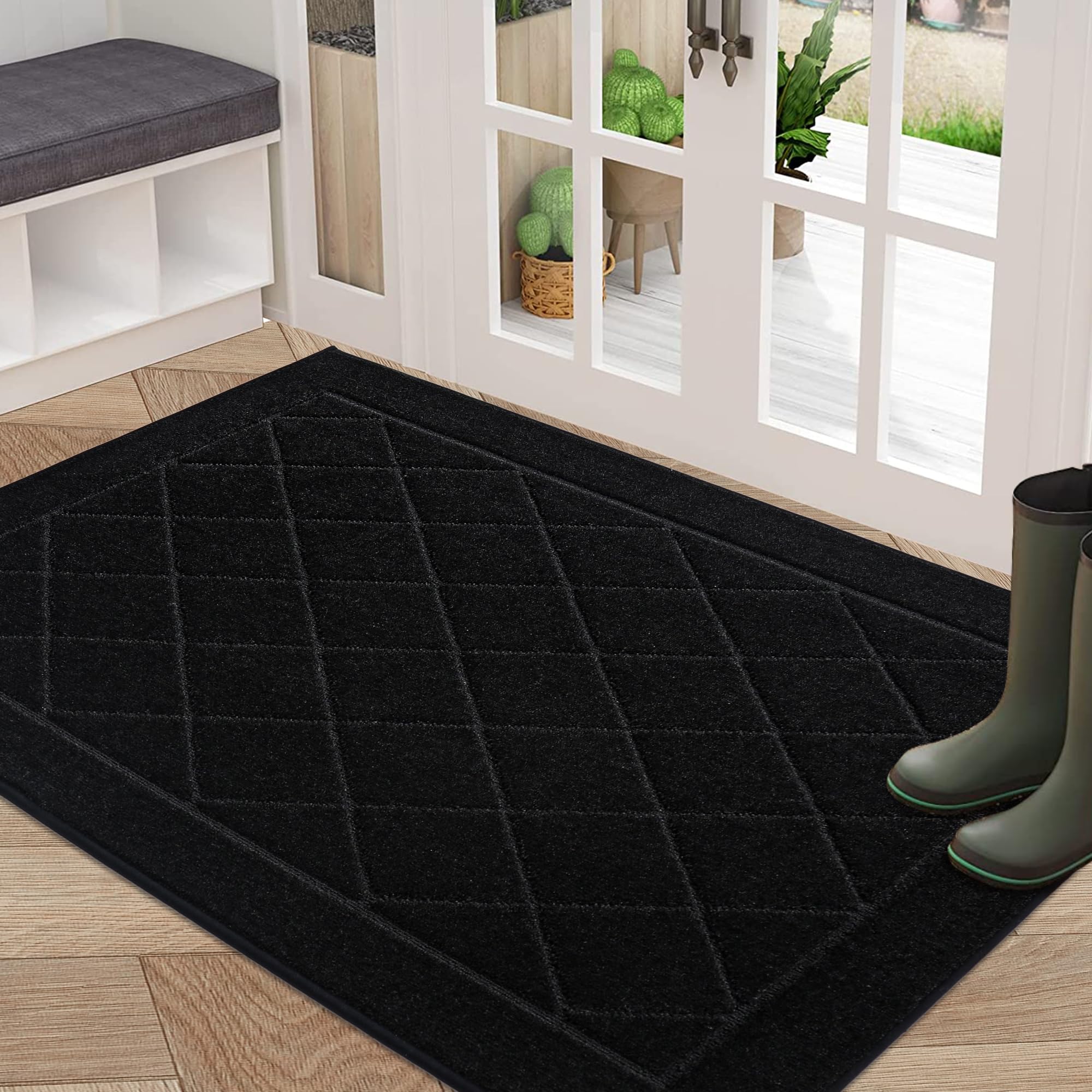 beqhause dirt trapper door mat 32" x 48", doormat non-slip entryway rugs washable, dog door mat stain resistant and absorbent welcome floor mat for front back door, muddy wet shoes & paws, black
