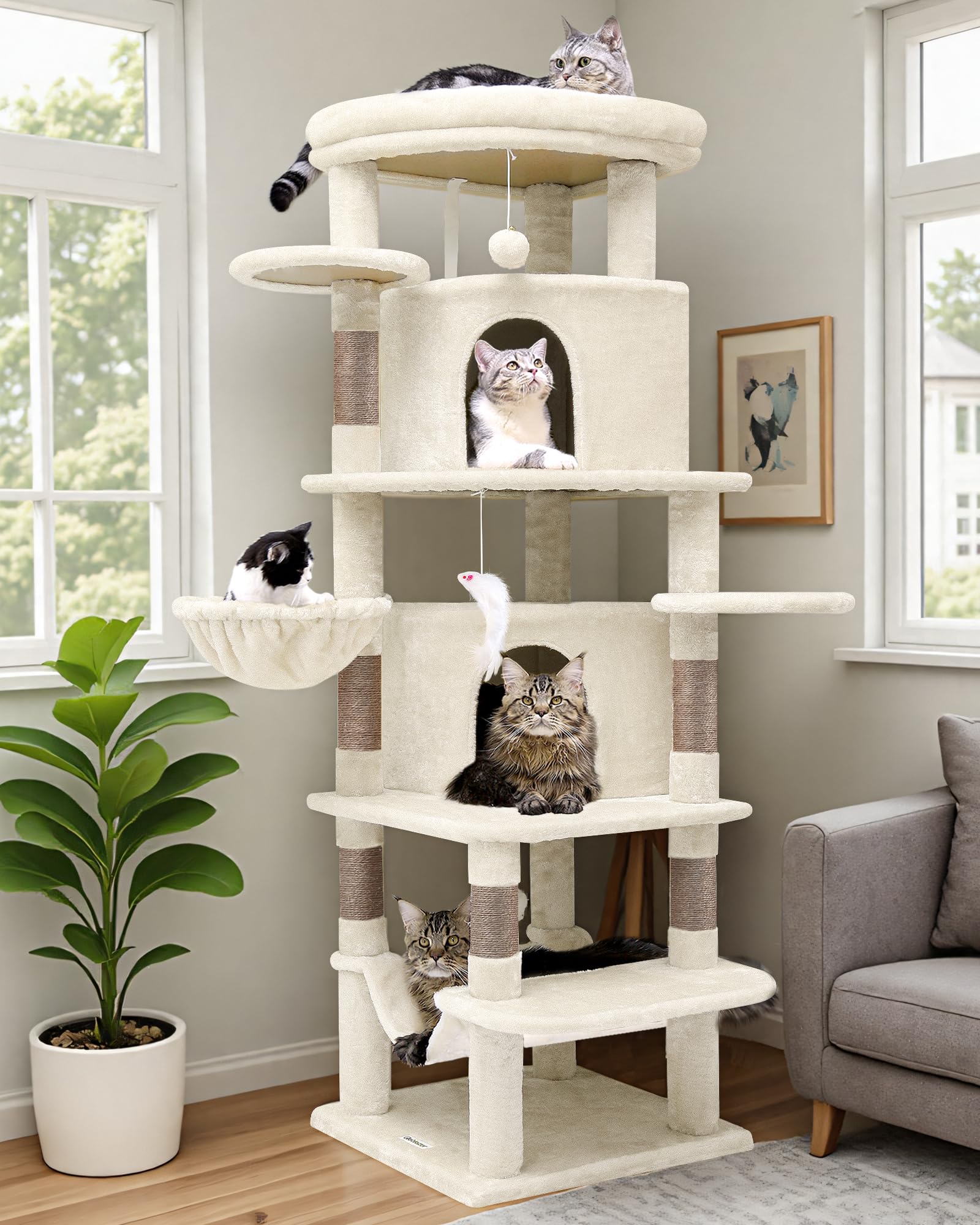 Globlazer キャットタワー 超スリム 猫タワー 大型猫用 多頭飼い キャットハウス 2つ大型トッププラットフォーム ハンモックハンギングバスケット 天然麻の爪とぎポスト ネズミのおもちゃポンポンおもちゃ2つ 固定式 省スペース ミニマリストデザイン 安定性と安全性のための 転倒防止ストラップ付き登りやすく 運動ニーズに対応 高さ168 cm ライトベージュ C66