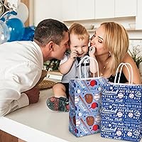 Vista 6 de AnyDesign Paquete de 12 bolsas de regalo de béisbol con asa, 4 diseños de papel rojo y azul, bolsas de dulces para regalos de fiesta de cumpleaños