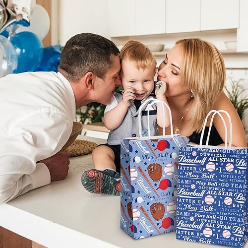 Miniatura 6 de AnyDesign Paquete de 12 bolsas de regalo de béisbol con asa, 4 diseños de papel rojo y azul, bolsas de dulces para regalos de fiesta de cumpleaños,
