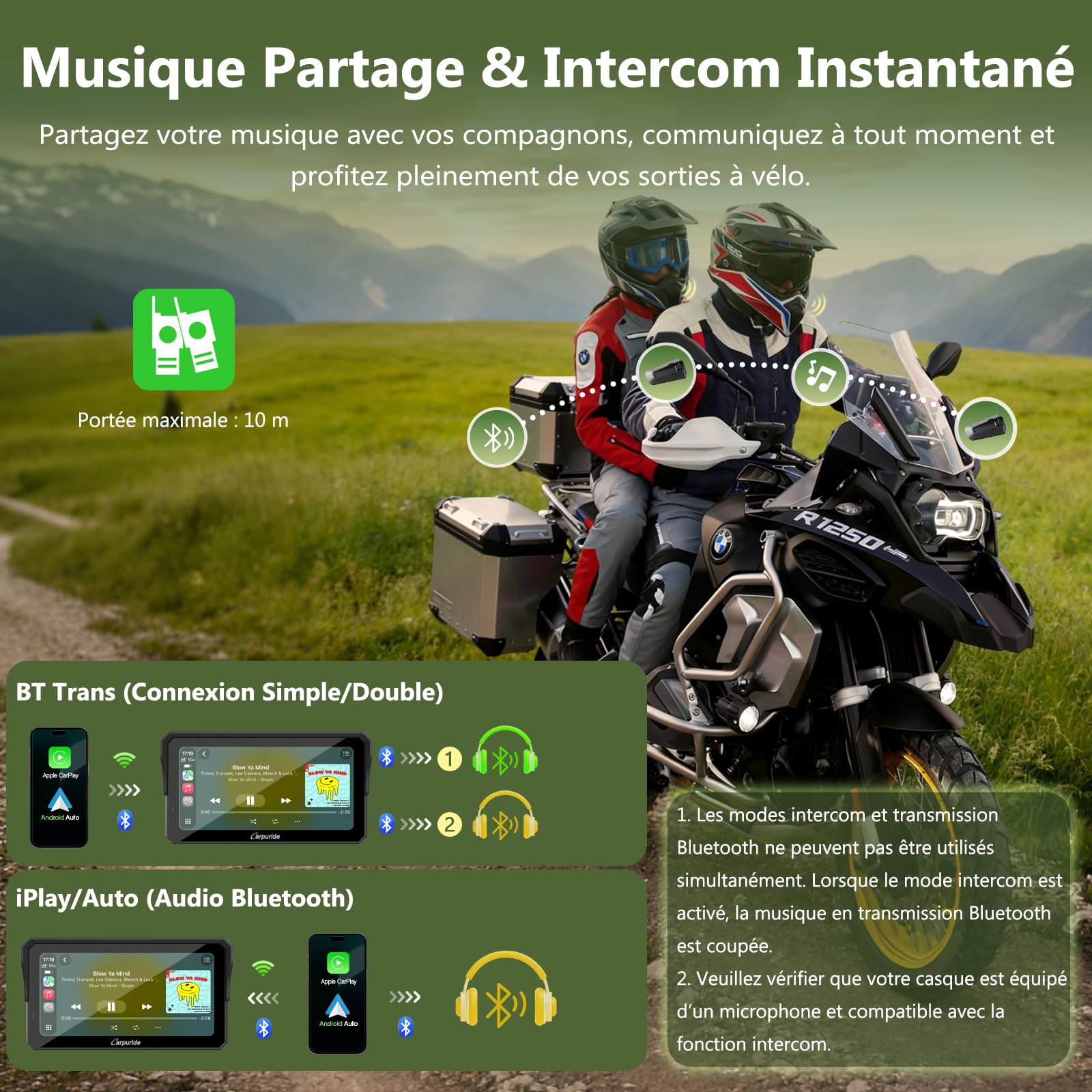 Carpuride W602BS Pro Carplay Écran pour BMW Motos, Natif Wonder Wheel Contrôle & Données Lecture, Sans Fil CarPlay & Android Auto, 6,25" Étanche Tactile Écran, OTA, Double Bluetooth, Interphone, Navi.