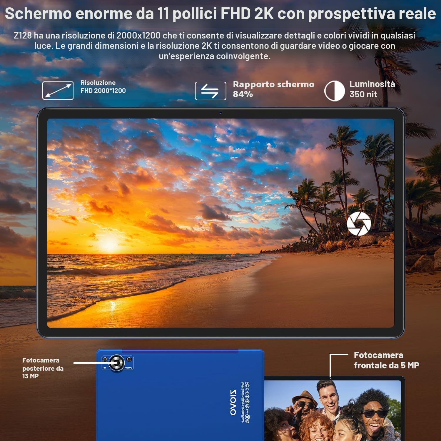 ZIOVO Tablet 11 Pollici Android 13 Tablet PC,16GB RAM+256GB ROM/TF 1TB, Octa Cores 2.0Ghz Tablets, 5G WiFi/Corpo in Metallo/8600mAh/ 2000 * 1200 FHD IPS/13+5MP/GMS/BT5.0/GPS, Tablet con Caso-Blu
