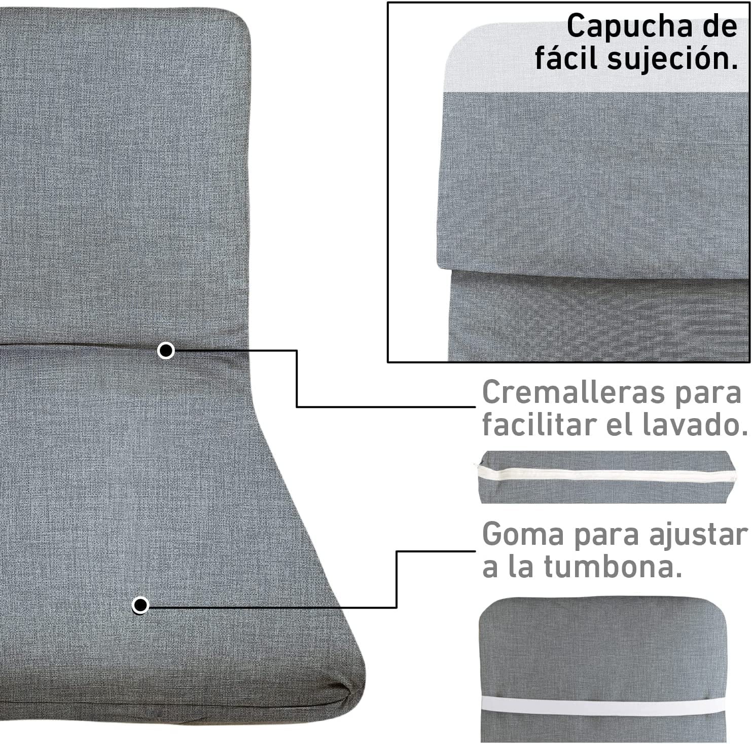 TIENDA EURASIA - Colchoneta para Tumbona de Jardin - Cojin Tumbona Acolchado Relleno de Fibra - Funda de Tela con Cremallera Lavable (180 x 50 cm, Gris)