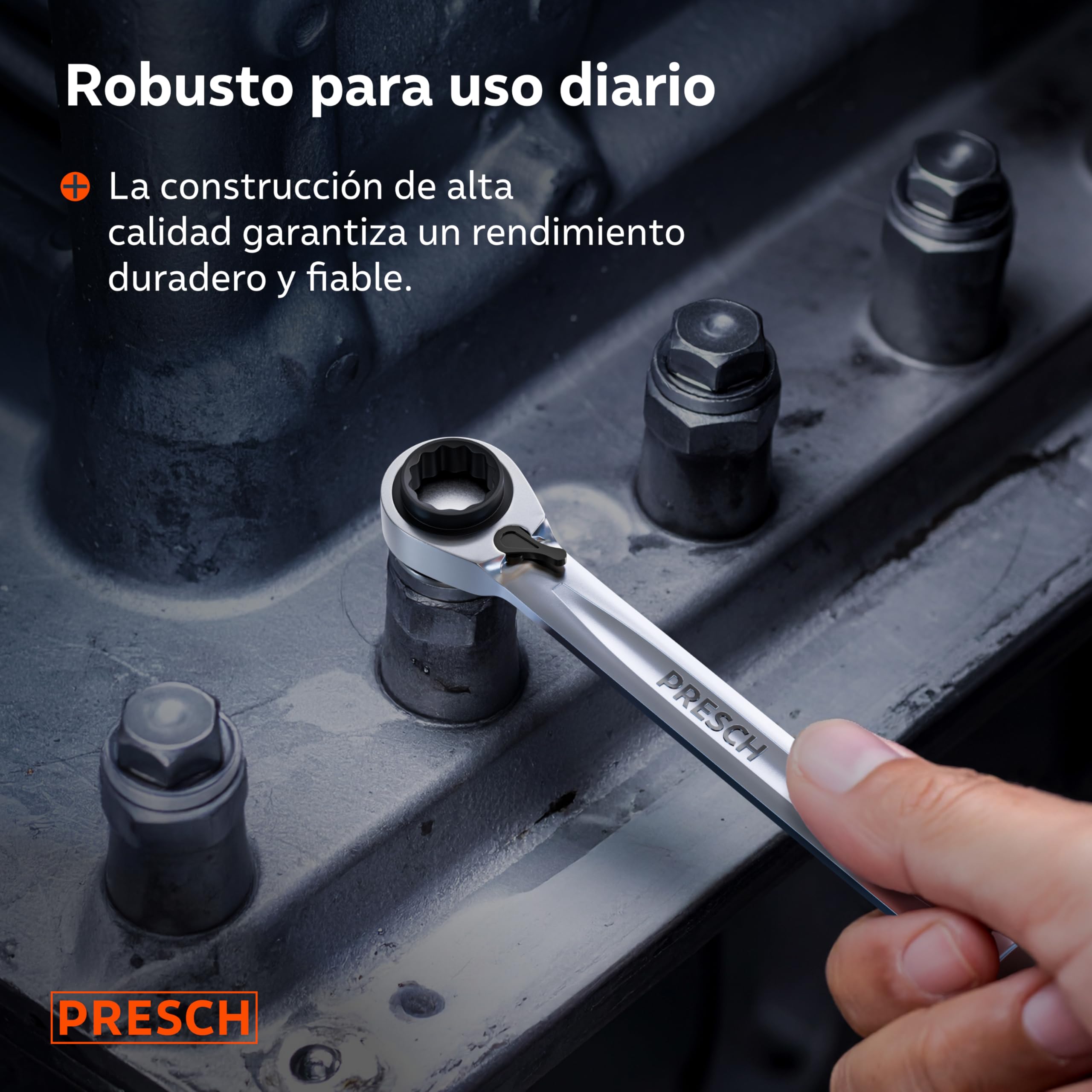 PRESCH Llave carraca doble 4 en 1 (9/11mm y 14/15mm) – Función de reversible – Con 90 dientes y ángulo de retroceso de 4° – 4 tamaños en una sola llave de carraca - Extremadamente resistente
