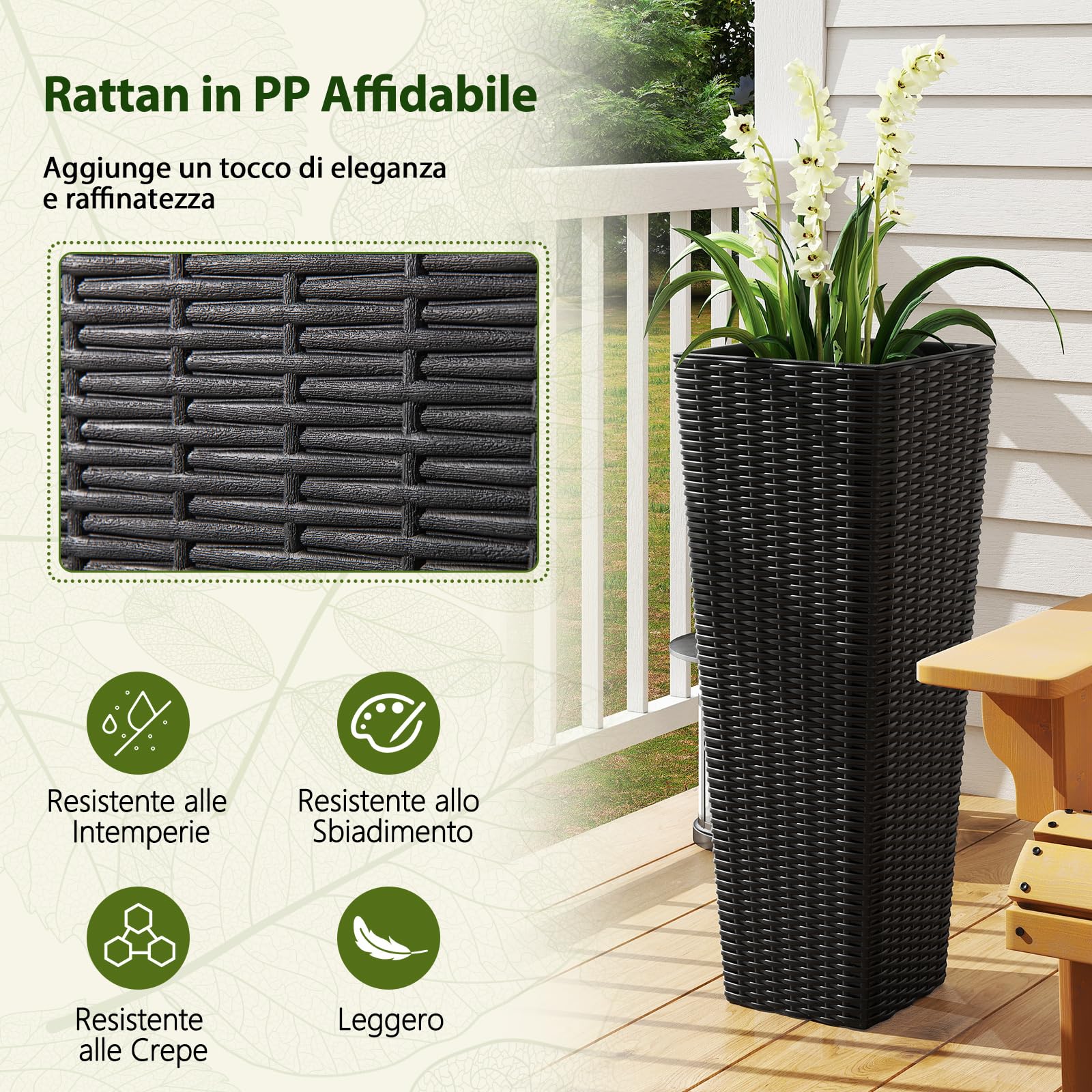 COSTWAY 2 Vasi Alti per Piante da Interno ed Esterno, Grandi Fioriere in Rattan con Vassoi Interni Rimovibili, Fori di Drenaggio, Fioriere Decorative per Giardino, Cortile e Balcone (Nero)