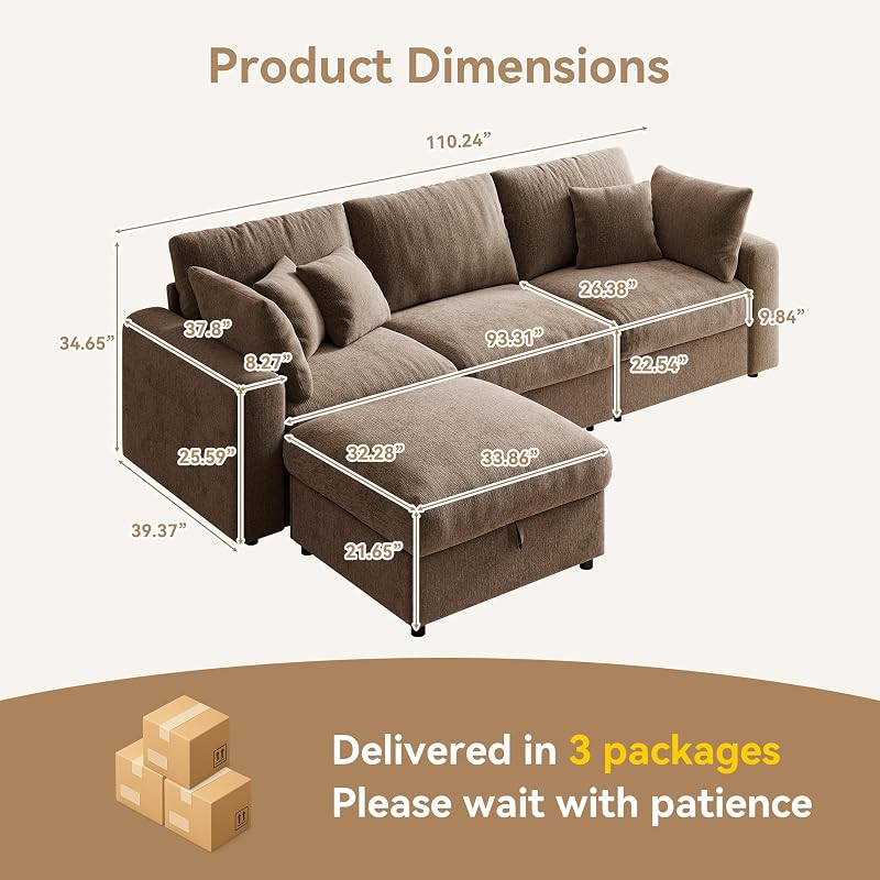 WorthFurni 110” Cloud Sectional Couches for Living Room, Modular Sectional Sofa with Deep Seat, Convertible L-Shape Couch with Storage Ottoman for Bedroom Apartment, Chenille (Brown) image 2