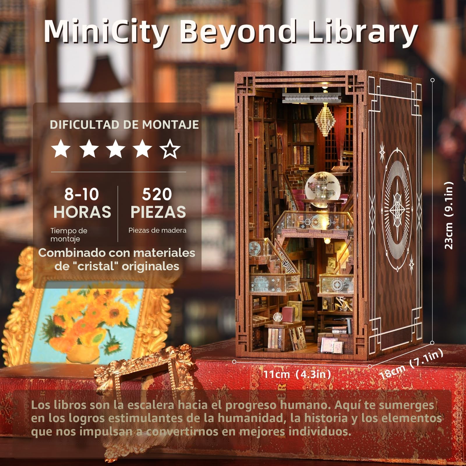 MiniCity Book Nook Kit, DIY Miniature Dollhouse Booknook Kit, Puzzle de Madera 3D, sujetalibros, estantería para Insertar decoración con luz LED para Adolescentes y Adultos (Beyond Library)