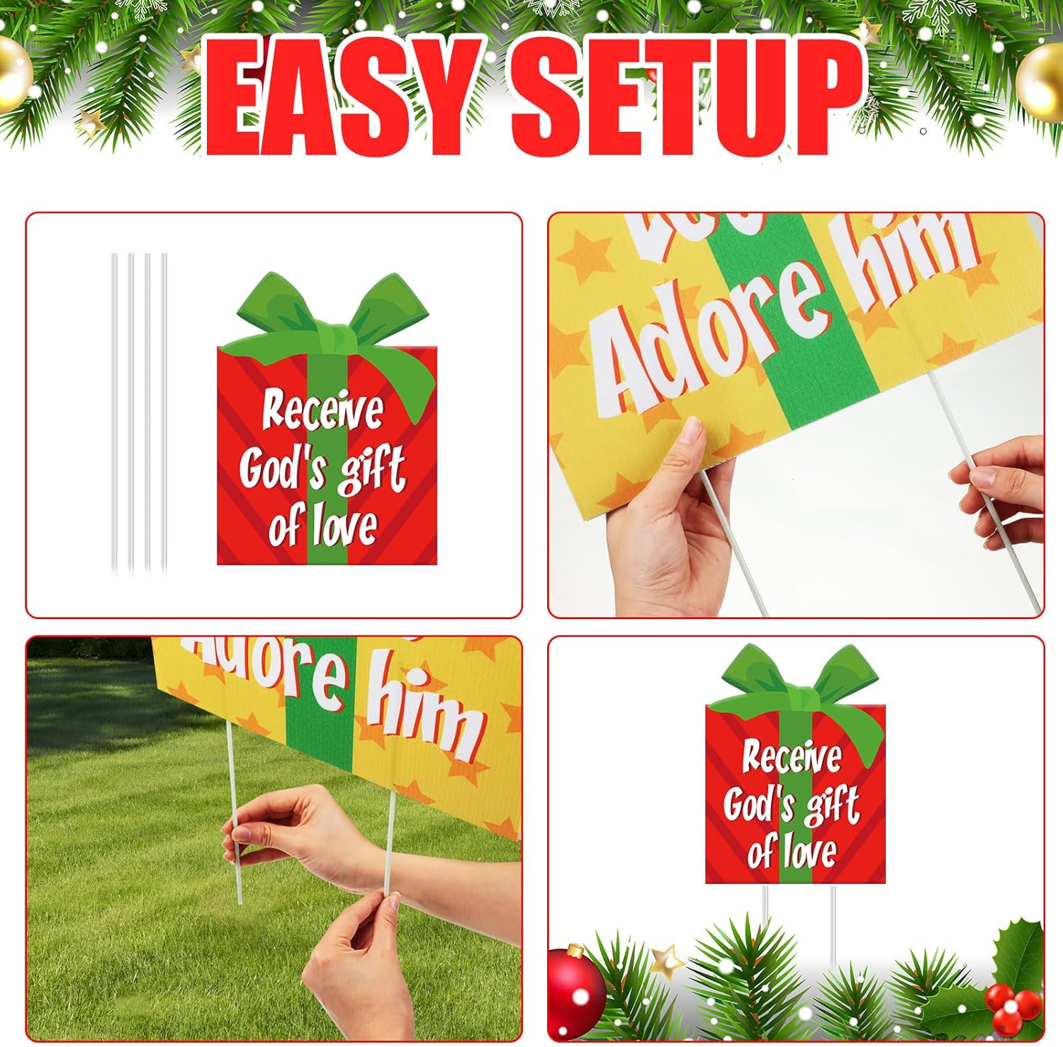 Suzile 8 Pcs Christmas Nativity Yard Signs with Stakes - Religious Gift Box Decorations - Jesus Is the Reason Lawn Ornament Sign for Church, Home, Inside & Outdoor Decoration