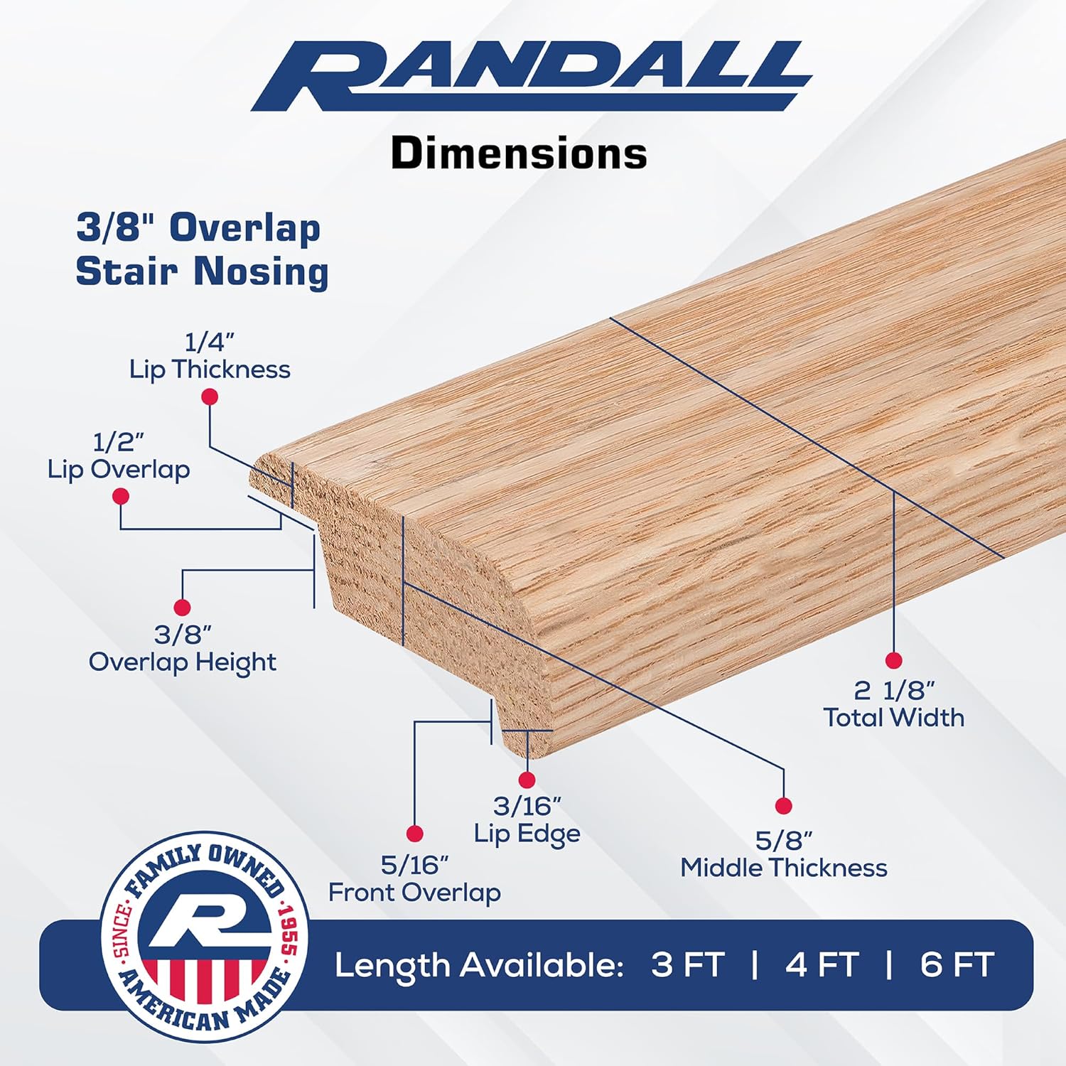 3/8" Overlap Stair Nosing Unfinished Red Oak (4 FT Long)