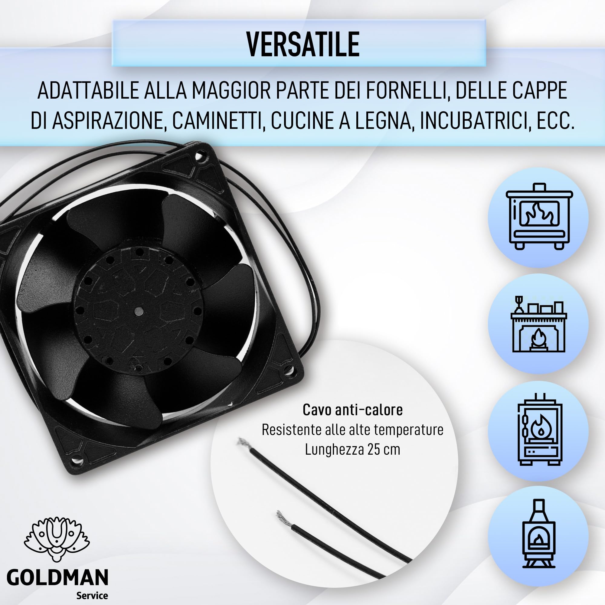 GOLDMAN SERVICE | Ventola ventilatore Axial per cassette camino inseribile alta temperatura di pale metalliche universale. (92x92x38mm)