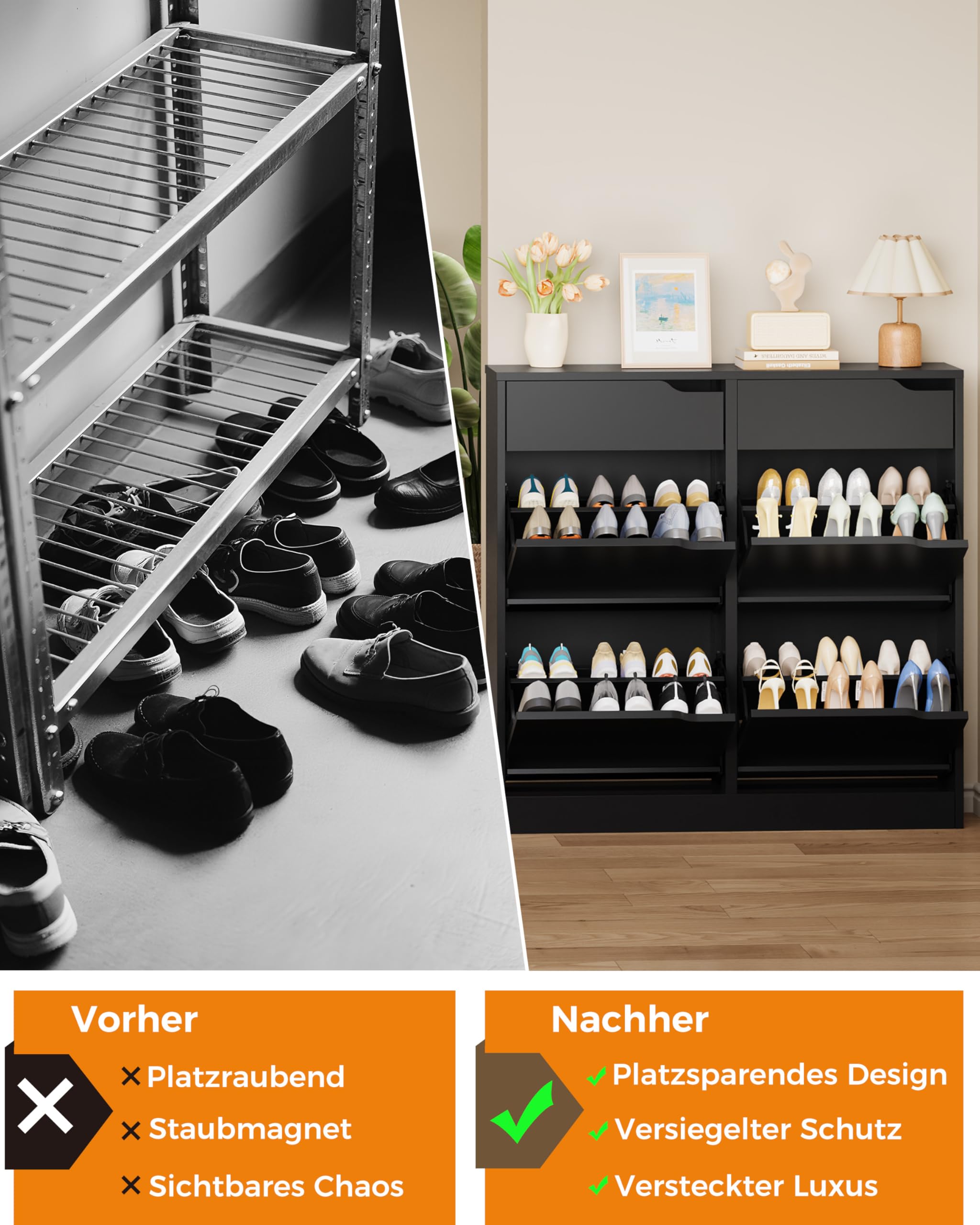 IRONCK Schuhschrank mit 4 Klappen, Schuhkipper Schmal mit 2 Schubladen, freistehendes Schuhregal, Schuhkommode mit verstellbaren Trennwände, Schuhablage Schrank für Flur Eingang, Wohnzimmer (Schwarz)
