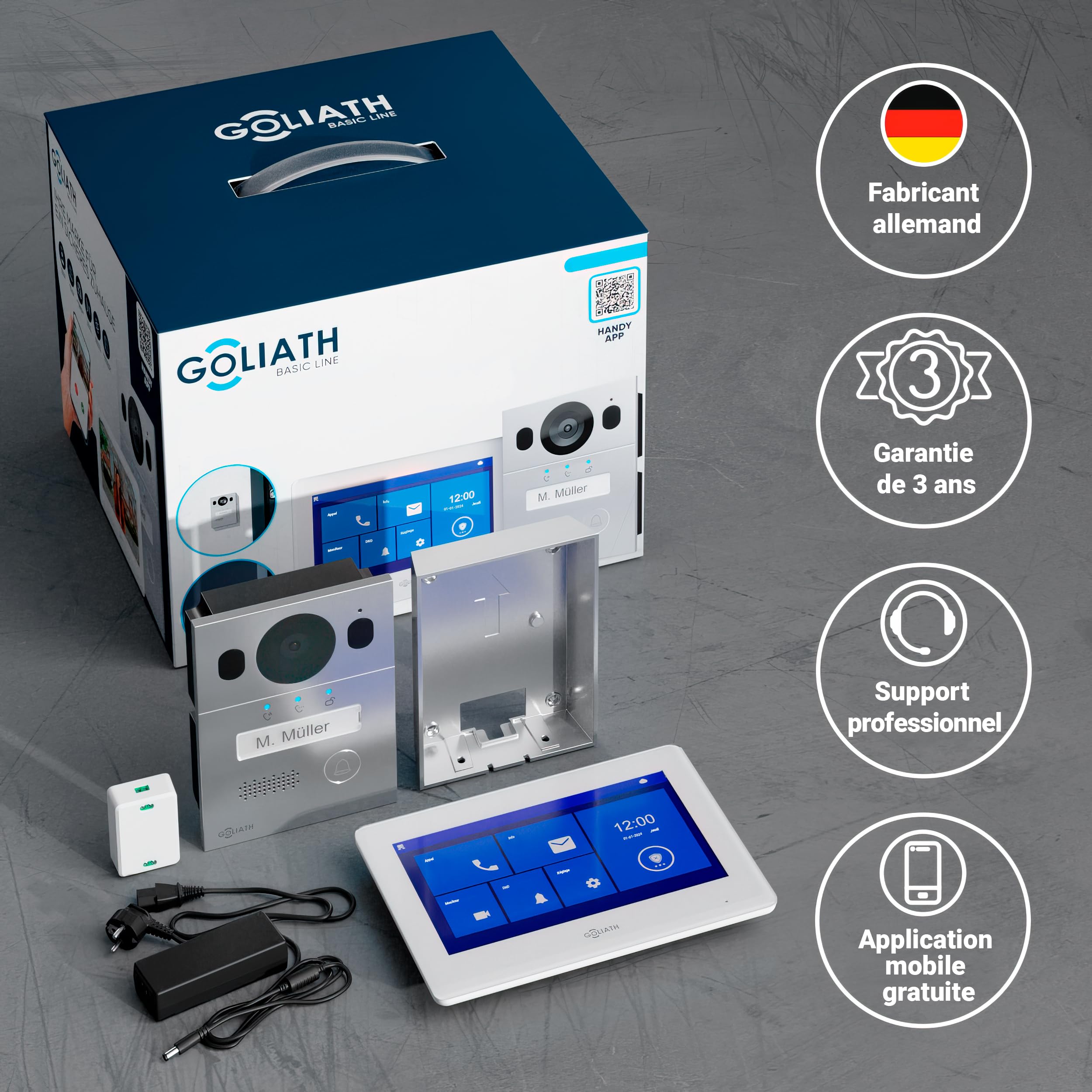 Goliath Interphone vidéo Basique, Bus 2 Fils, Moniteur de 7 Pouces, Sonnette en saillie avec caméra, interphone avec Ouverture de Porte, Maison individuelle, Application pour Smartphone