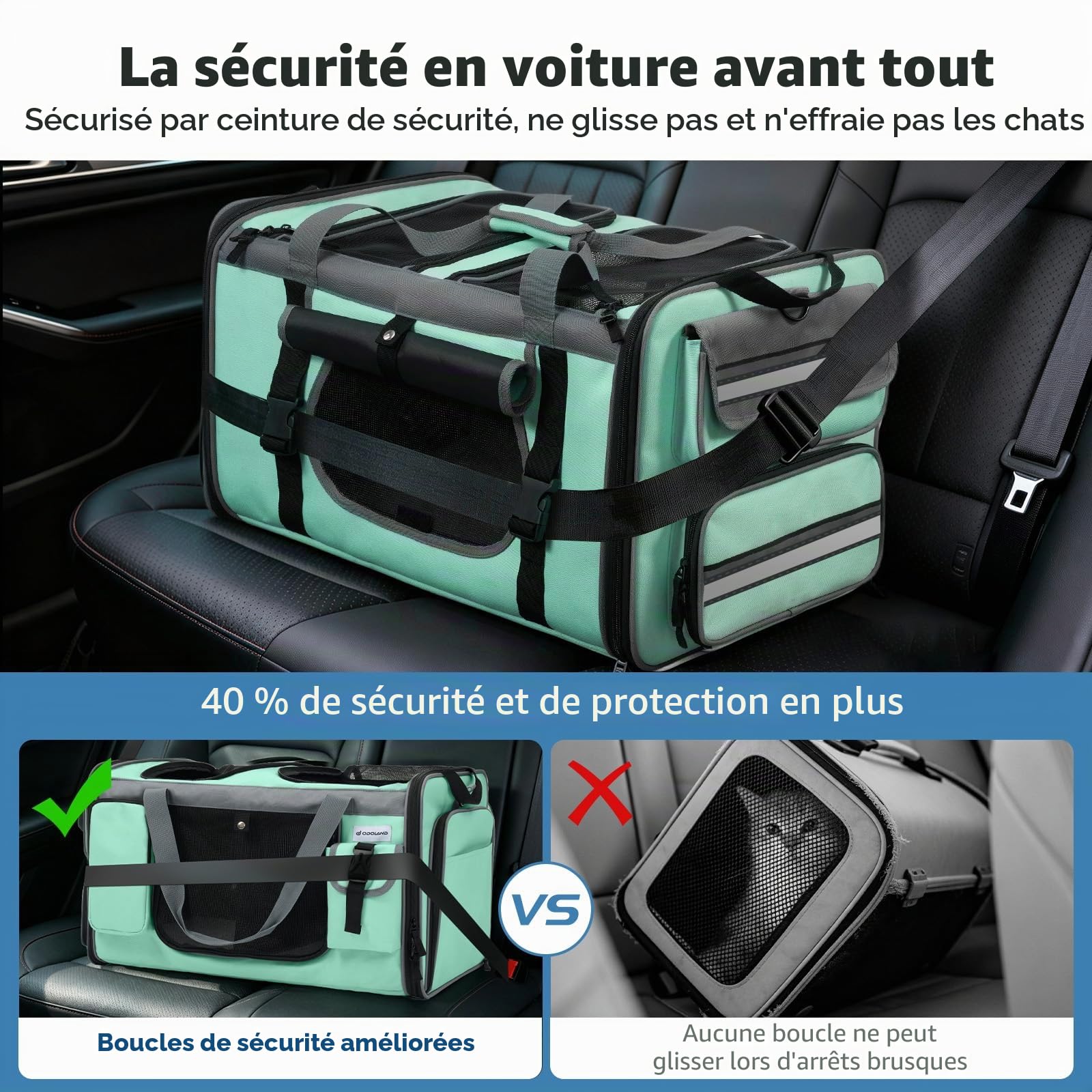 Odoland Transporteur pour Chat Extra Grand, Extensible pour 2 Chats, Sac de Voyage Pliable avec bac à litière, Double Compartiment, Transporteur Souple pour Voiture, Vert