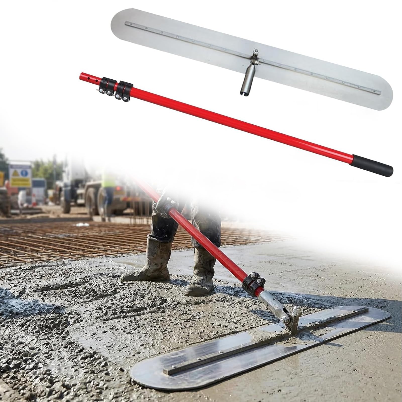 QYLTTDM Bull Float Concrete Tool, Bull Float Concrete Float, 1.7-3m Adjustable Telescopic Pole, With 100x12.5cmx1.2mm Round-head Trowel, Manganese Steel Concrete Float Cement Tool