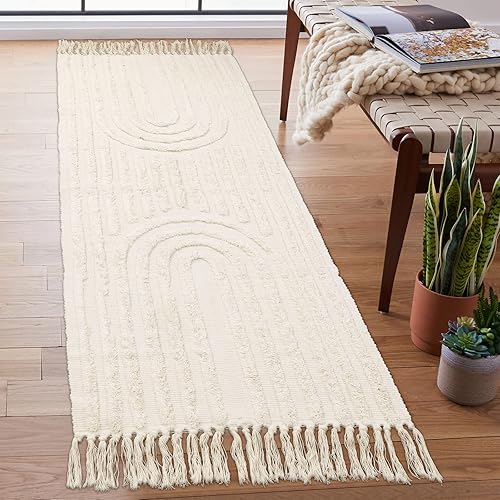 Lanffia Alfombra bohemia de 2 x 6 pies, color beige, alfombra de pasillo lavable con borlas, para interiores, casa de campo, neutro, para cocina,
