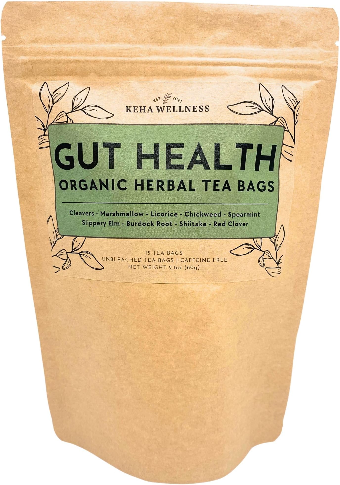 Keha Wellness Organic Gut Health Herbal Tea Bags, 15 Tea
