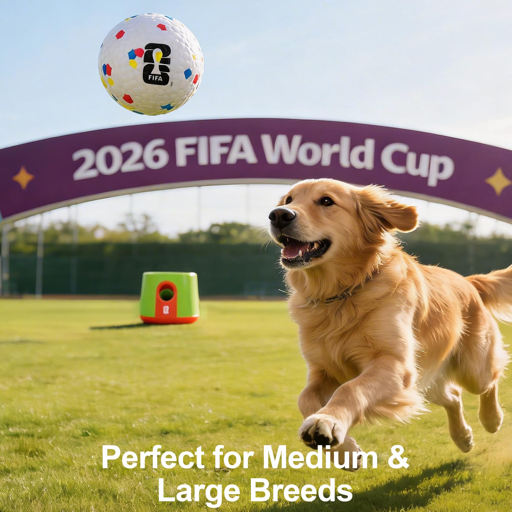 Edición oficial de la Copa Mundial de la FIFA 2026, lanzador automático de pelotas para perros con 3 pelotas de fútbol de goma, máquina lanzadora de pelotas, juguete interactivo para perros para