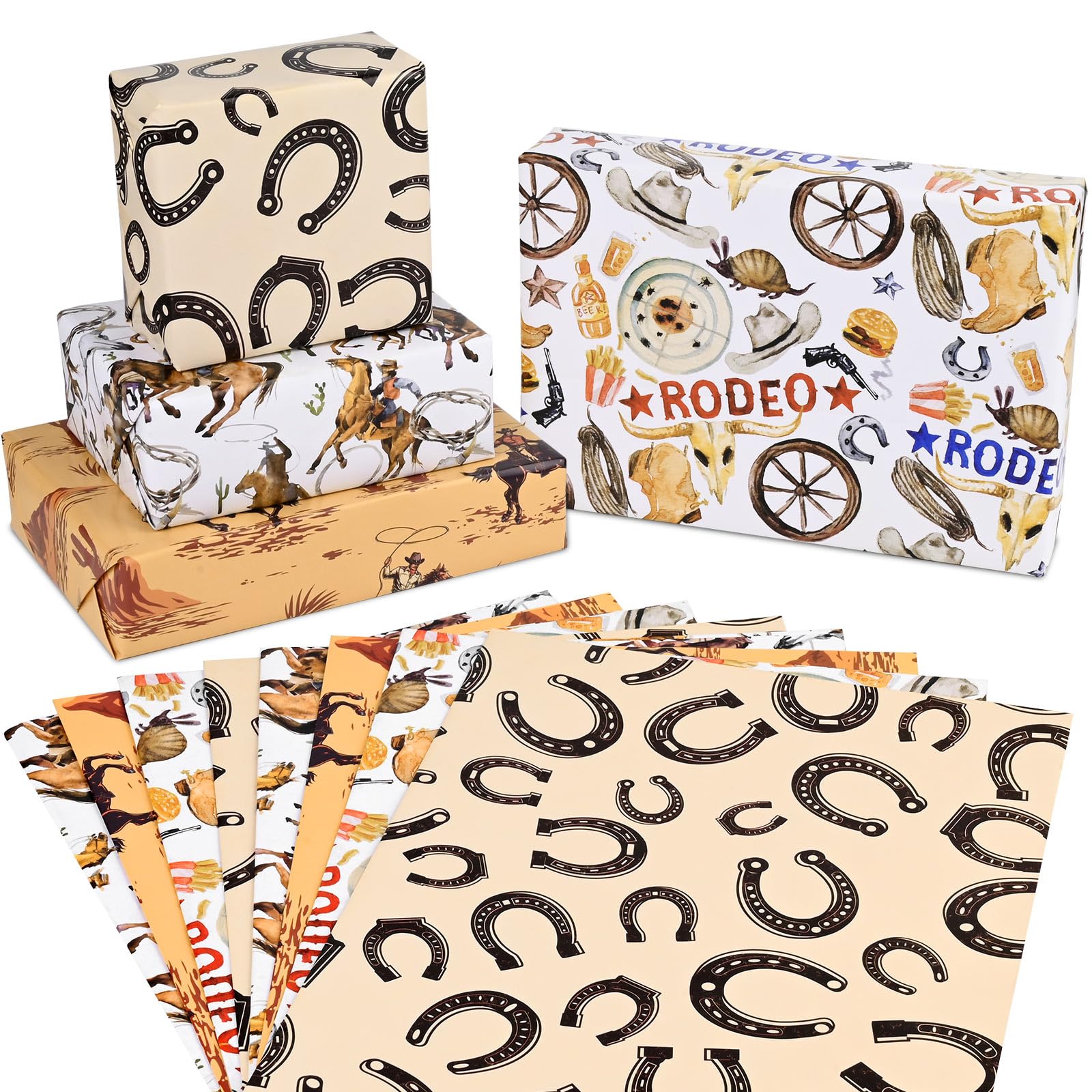 Papel De Regalo Temático Vaquero Del Oeste - 8 Hojas 50x70 Cm, 4 Diseños, 80 G/m², Ideal Para Cumpleaños