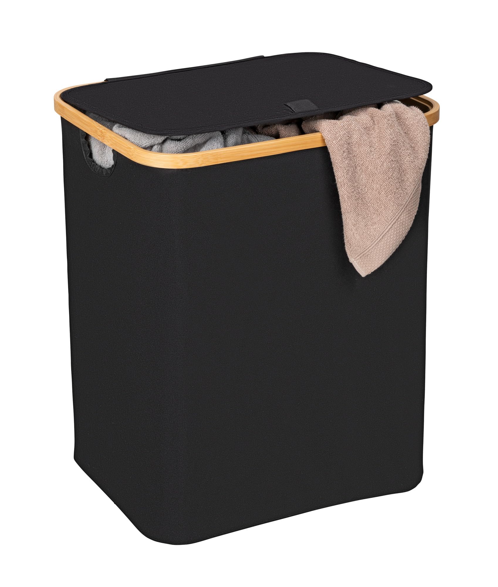 WENKO Wäschetruhe Uno Mod. Ecori, Wäschesammler 68 L, Textil 100% recyceltes Polyester, Rahmen aus FSC®-zertifiziertem Bambus, 41 x 50 x 33 cm, Natur/Schwarz