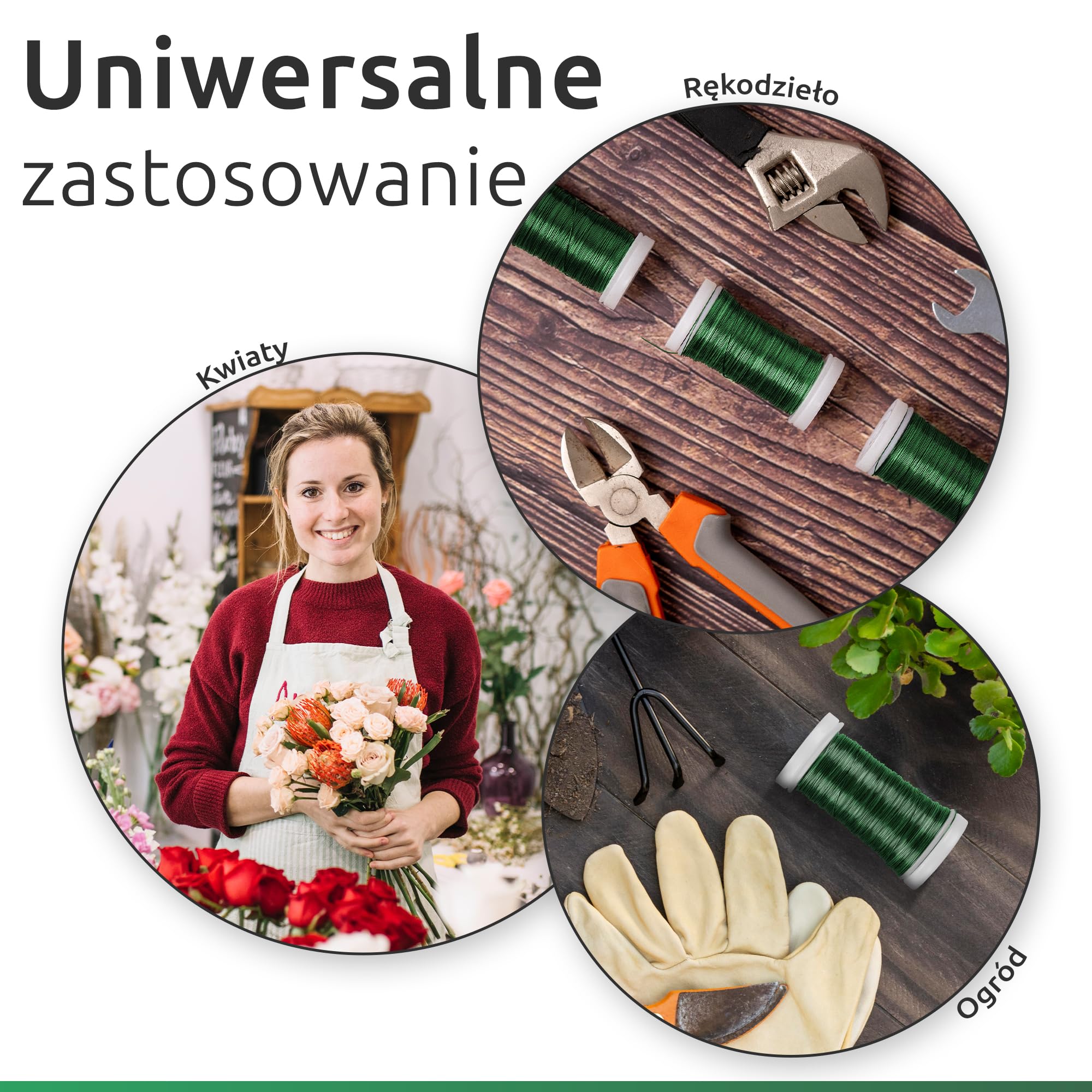 ECENCE 3x Drut mirtowy wyżarzany z żelaza w kolorze Zielony, drut rzemieślniczy do wiązania kwiatów, drut do owijania, drucik florystyczny na rolkę 60m