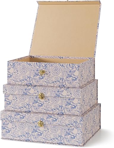 Miniatura 2 de Soul & Lane Cajas de almacenamiento decorativas de cartón floral azul y blanco con herrajes dorados, juego de 3, jardín de pajarera, cajas apilables