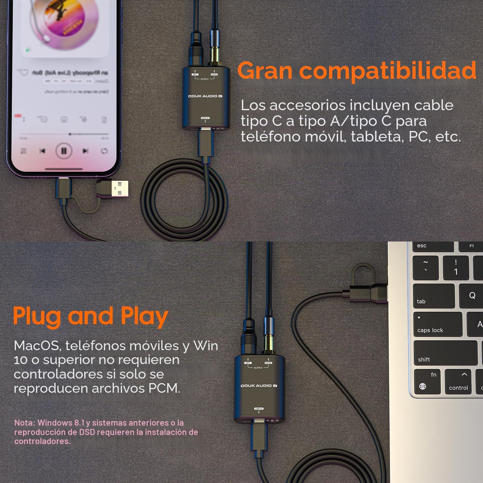 Douk Audio U2 - Convertidor USB XMOS XU208 Interfaz Digital TOSLINK Coaxial DOP SPDIF Adaptador DSD64 PCM192Khz (Negro)