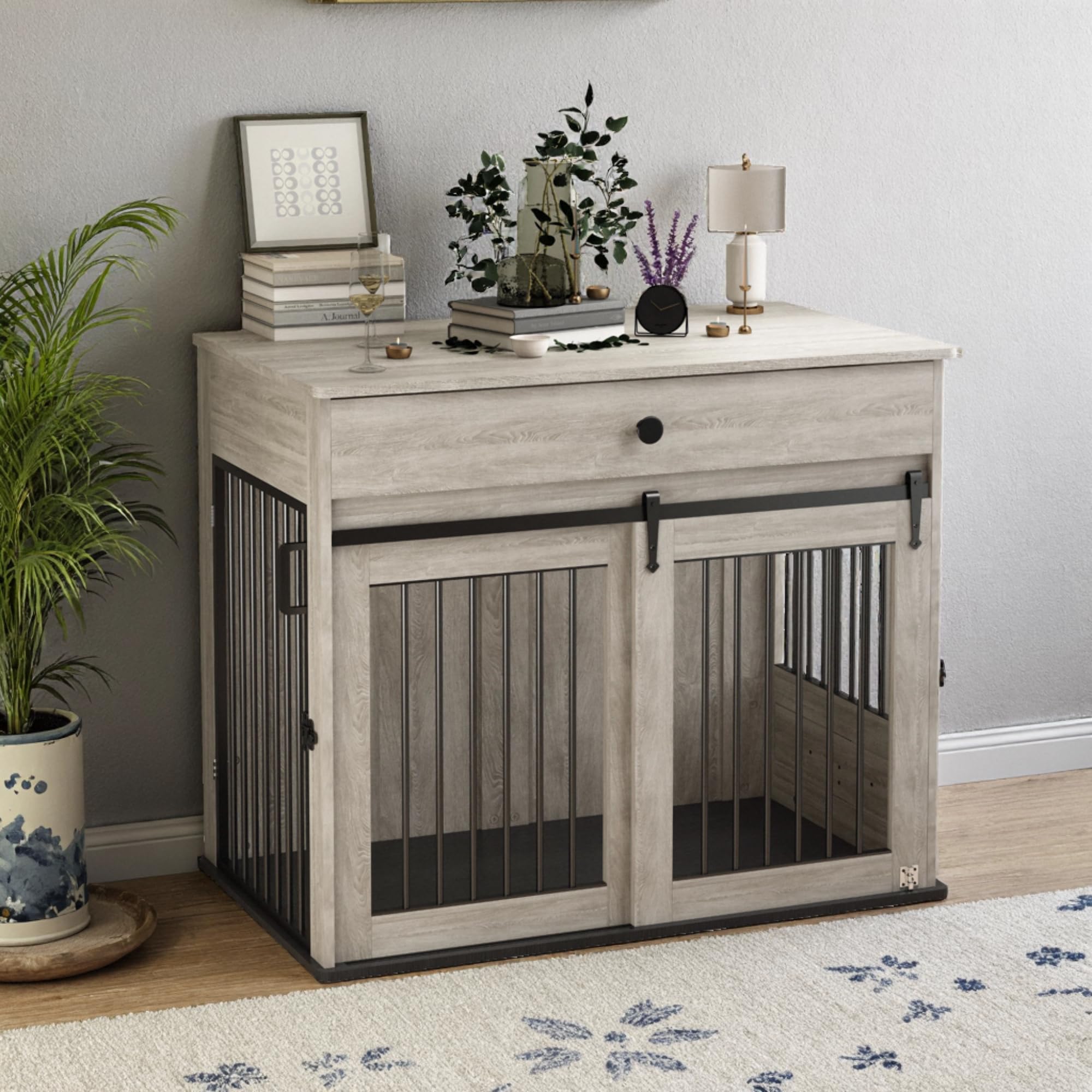 Cage pour Chien, Caisse pour Animaux de Style Meuble avec Portes Coulissantes, Niche D'intérieur en Bois avec Tiroir, Maison pour Chien avec Gamelle Pivotante à 360°, Gris